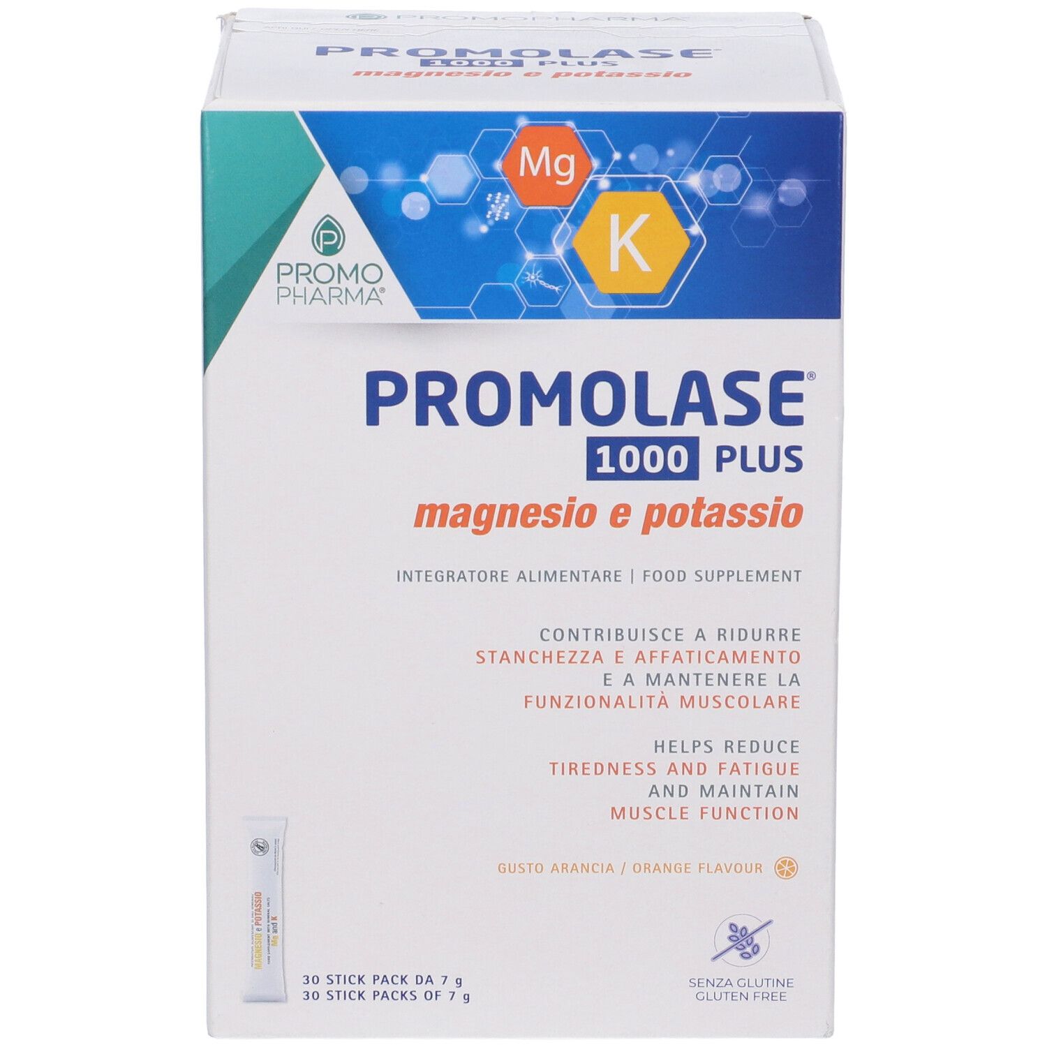 Scatola Promolase 1000 Plus. Contiene magnesio e potassio. Scatola bianca con informazioni e logo.