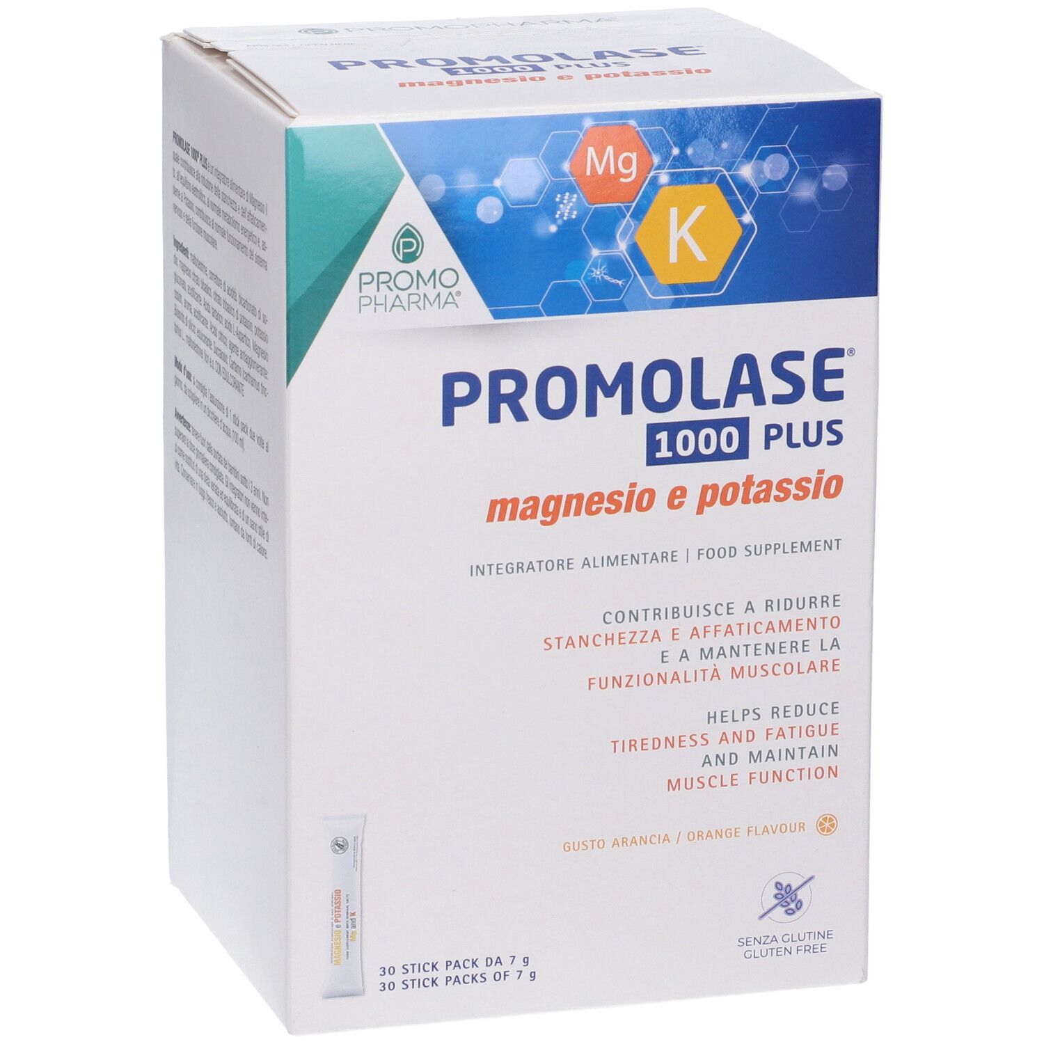 Scatola Promolase 1000 Plus. Contiene magnesio e potassio. Scatola bianca con informazioni e logo.