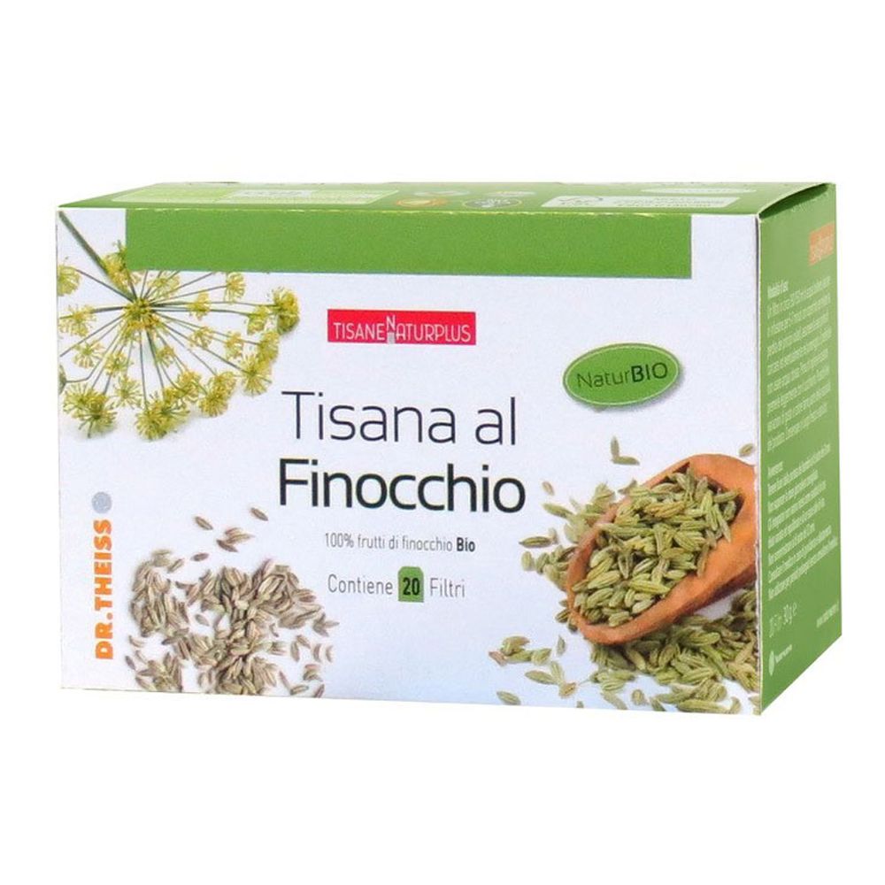 Scatola "Tisana al Finocchio" con 20 filtri. Illustrazioni di finocchio e logo NaturBIO. Confezione verde e bianca.