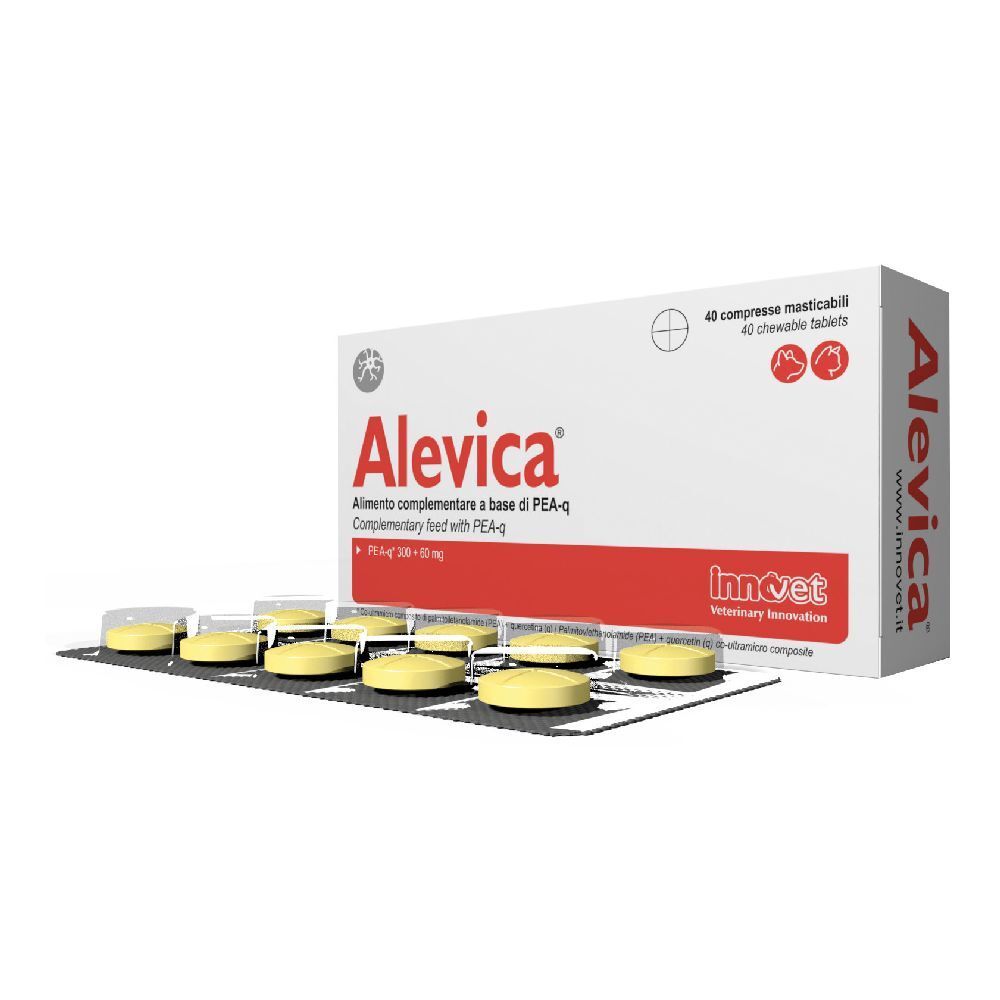 Blister di compresse e confezione. Scritta: Alevica, 40 compresse masticabili. Innovet.
