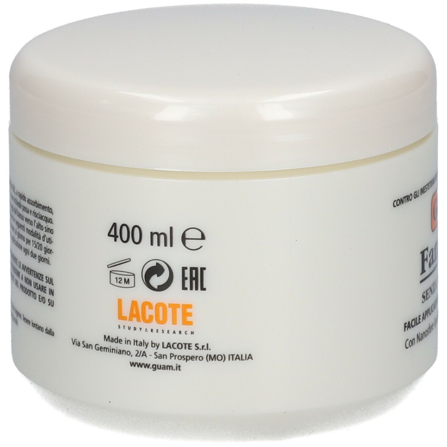 Crème GUAM Fangogel, pot blanc. Dos avec informations produit, 400 ml, symbole 12M, logo LACOTE.