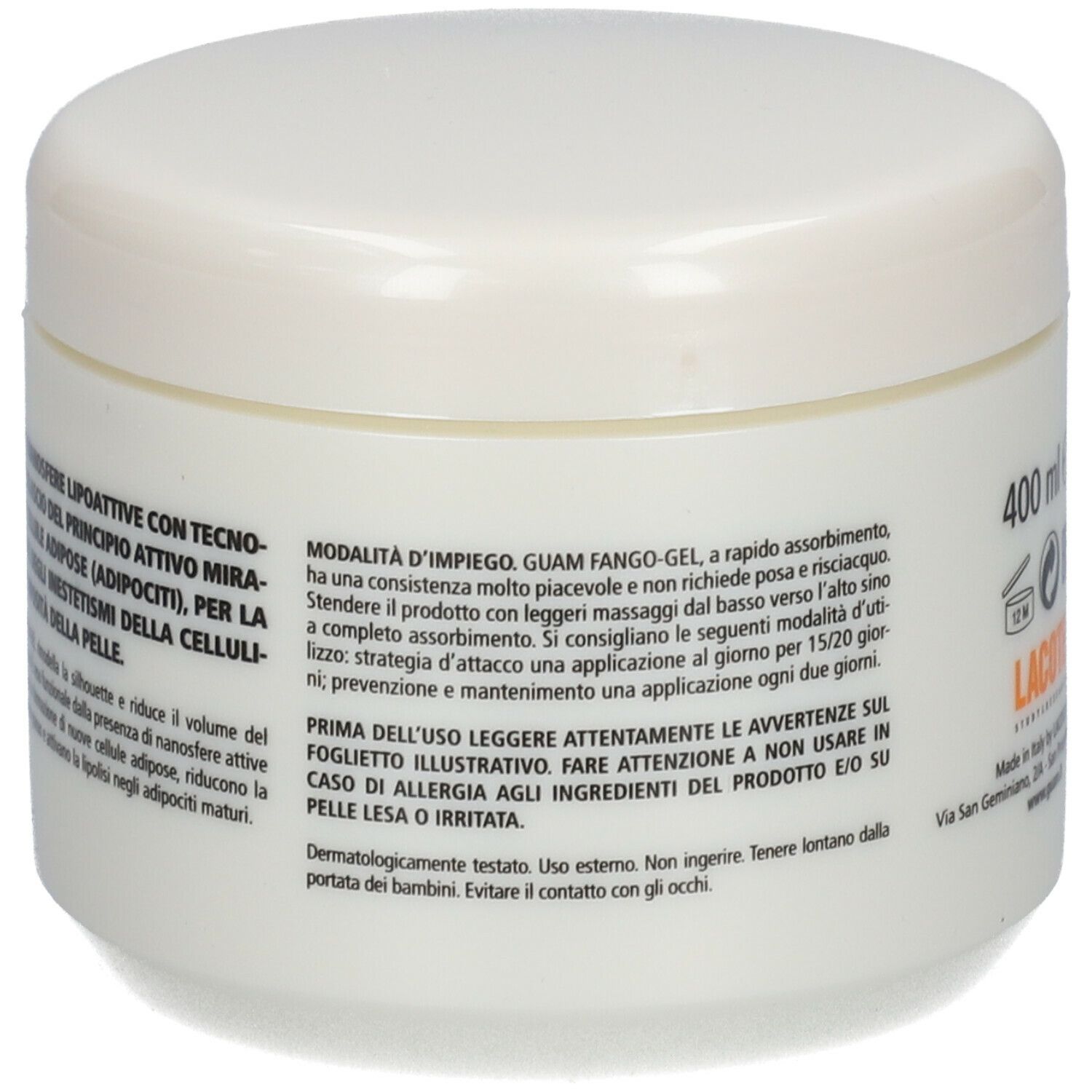 Crème GUAM Fangogel, pot blanc. Dos avec informations produit, mode d'emploi et avertissements.