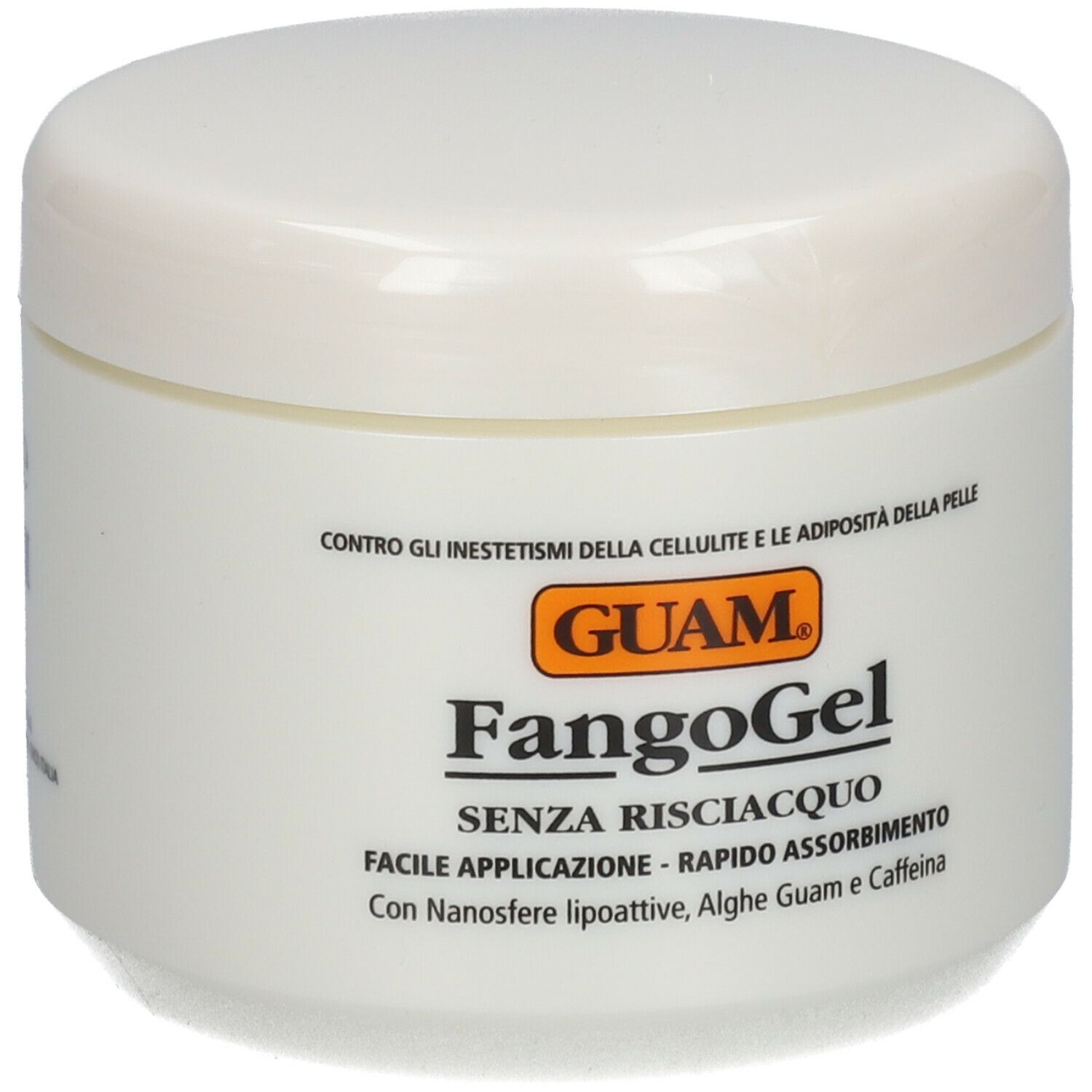 Crème GUAM Fangogel, pot blanc. Nom du produit et logo sur le devant. Sans rinçage.