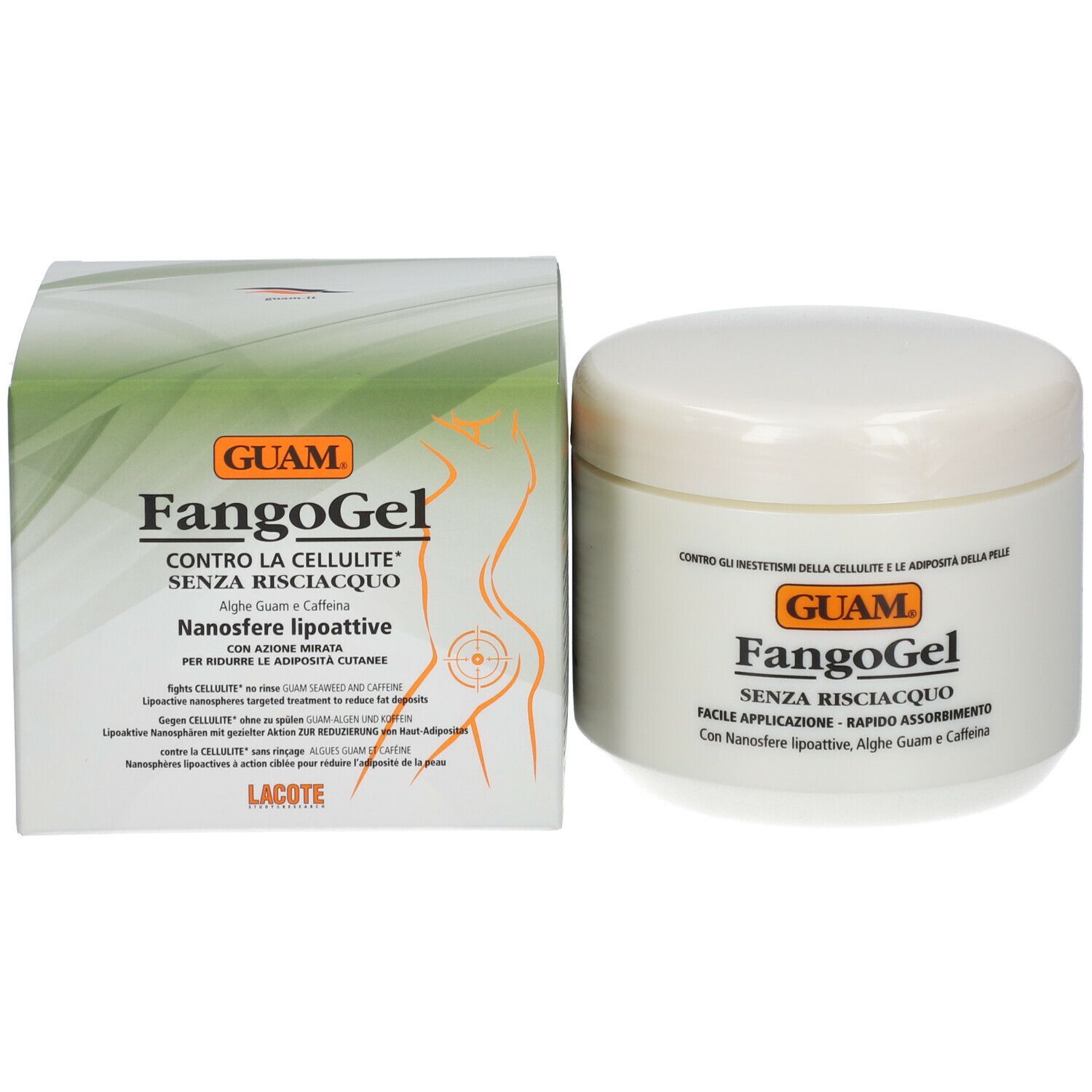 Crème GUAM Fangogel et emballage. Pot blanc et boîte avec informations produit et logo.