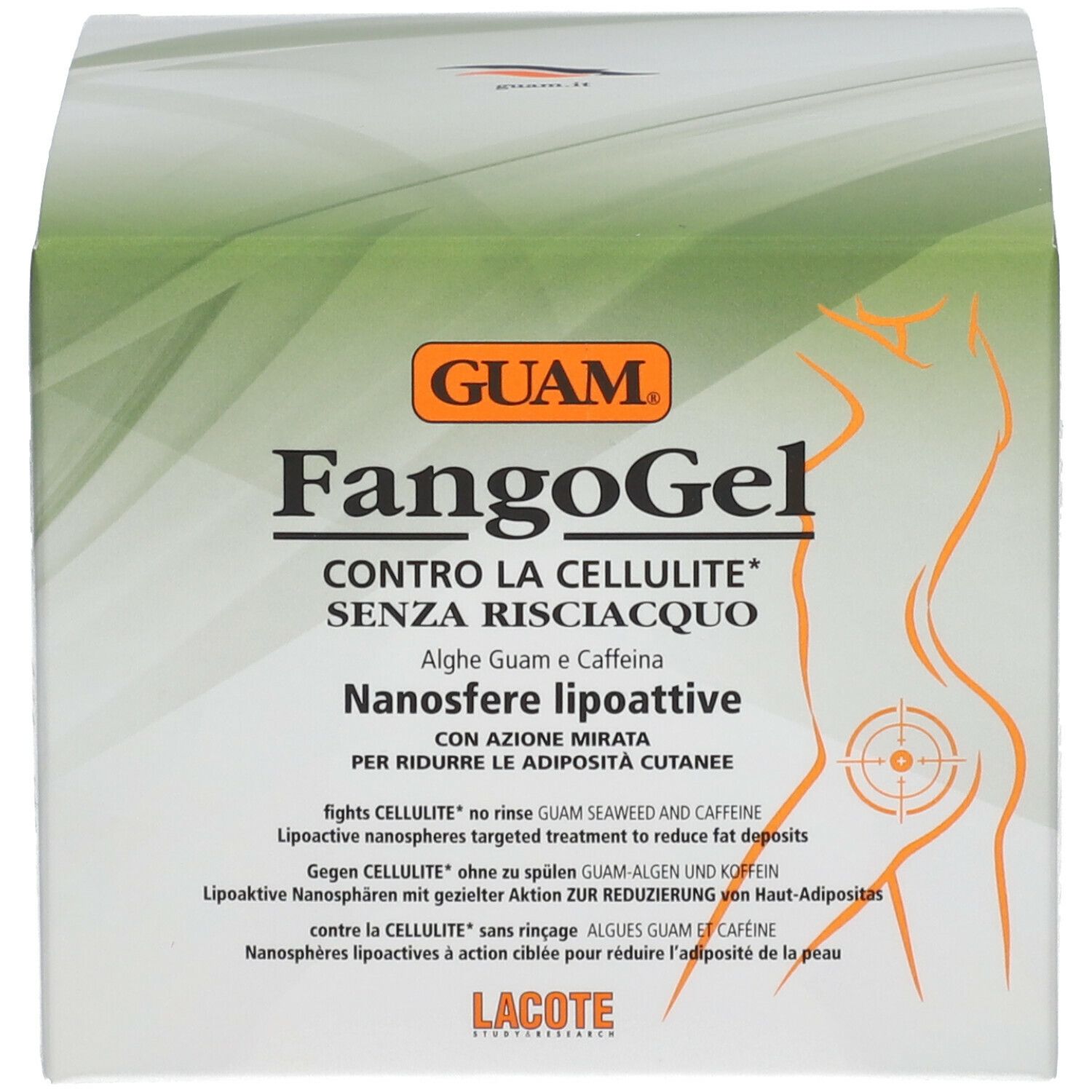 Crème GUAM Fangogel et emballage. Boîte avec informations produit et logo. Pot blanc.
