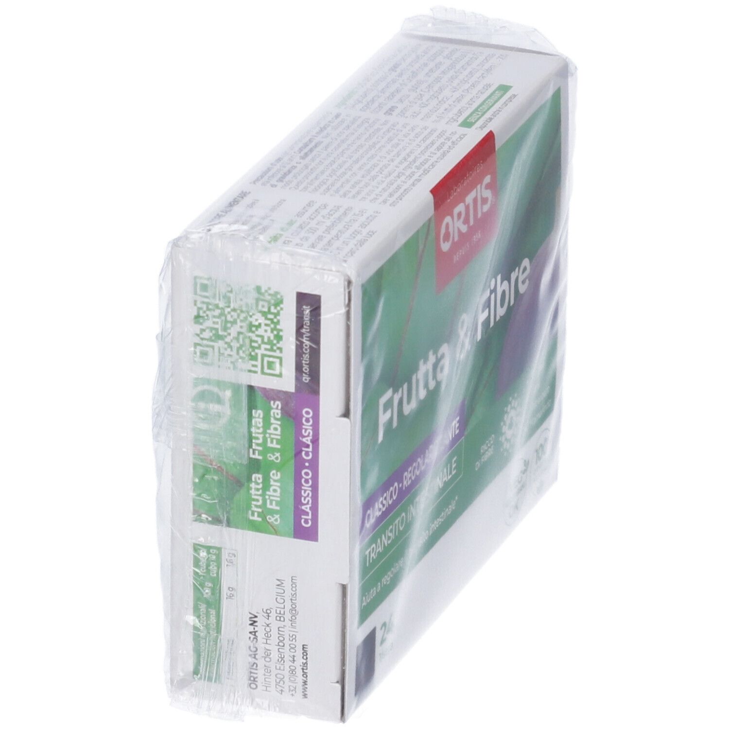 Vista laterale della confezione. Testo: Frutta & Fibre, Classico. Codice QR e informazioni produttore.