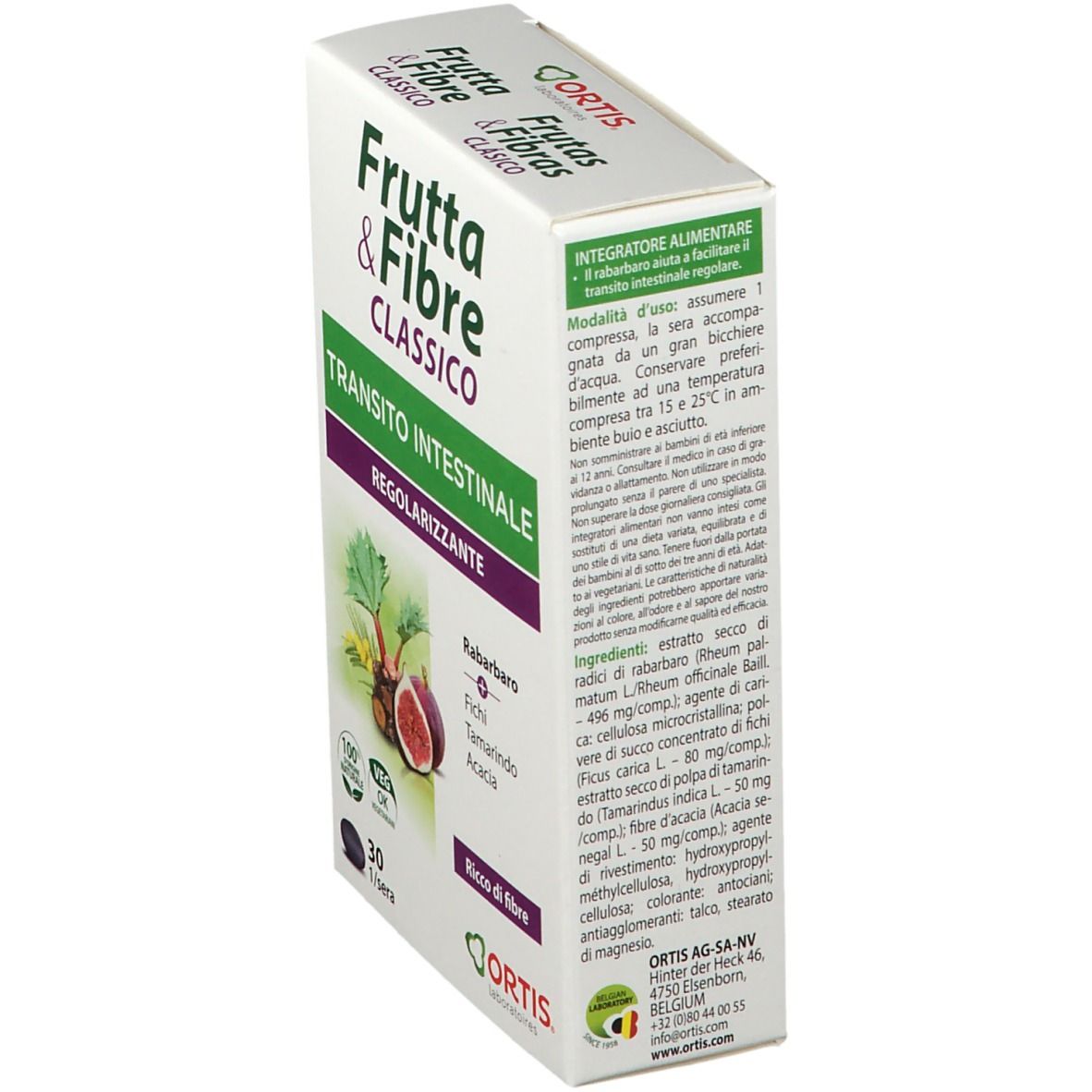 Scatola "Frutta & Fibre Classico". Testo: "Tránsito intestinale". 30 compresse. Logo Veg OK.