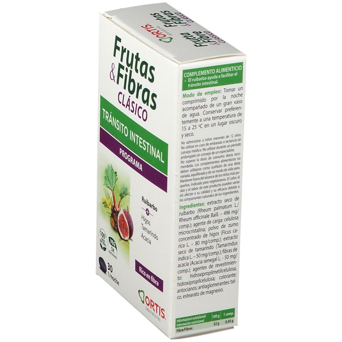 Scatola "Frutas & Fibras Classico". Testo: "Tránsito intestinale". 30 compresse. Logo Veg OK.