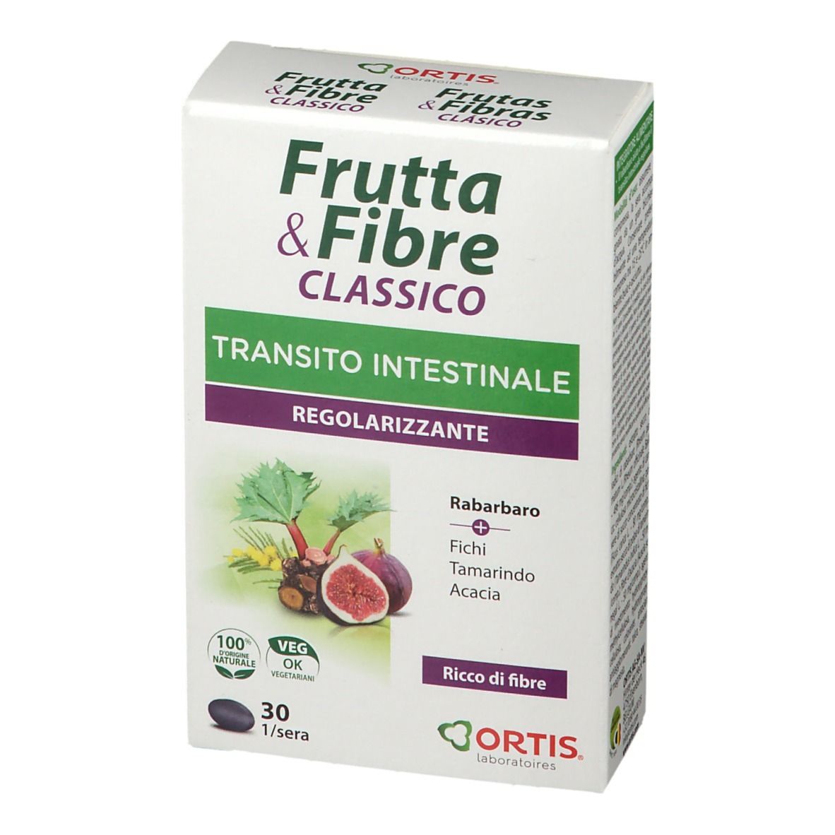 Scatola "Frutta & Fibre Classico". Testo: "Tránsito intestinale". 30 compresse. Logo Veg OK.