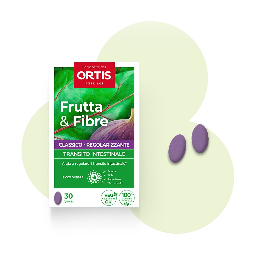 Confezione "Frutta & Fibre Classico" con 2 compresse. Testo: "Tránsito intestinale". Logo Veg OK.