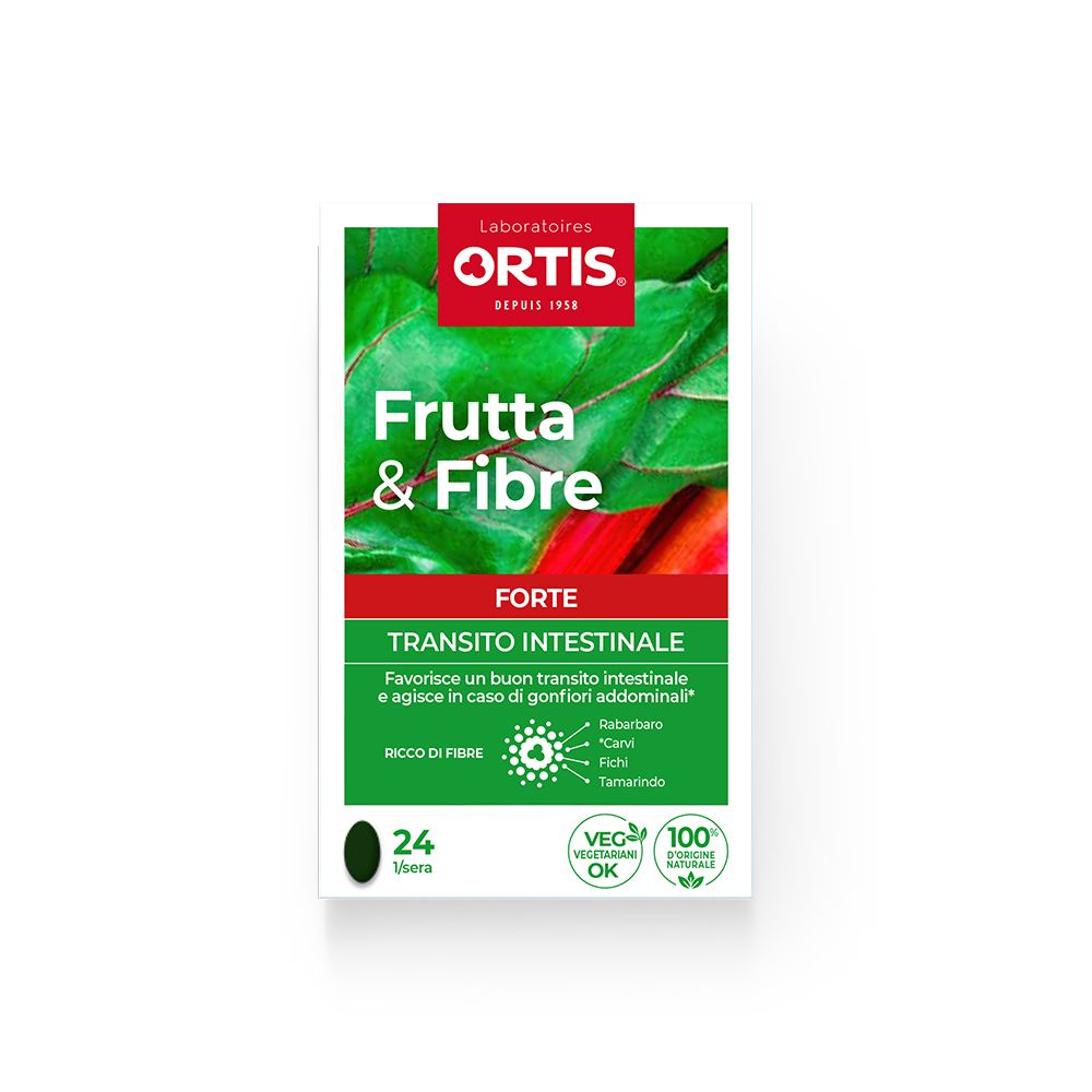 Scatola "Ortis Frutta & Fibre Forte Compresse". Design verde e bianco con nome e logo del prodotto. 24 compresse.