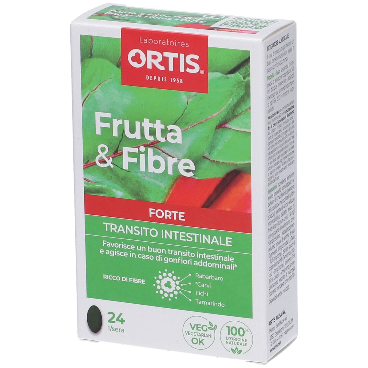 Scatola "Ortis Frutta & Fibre Forte Compresse" in primo piano. Design verde e bianco con nome e logo. 24 compresse.