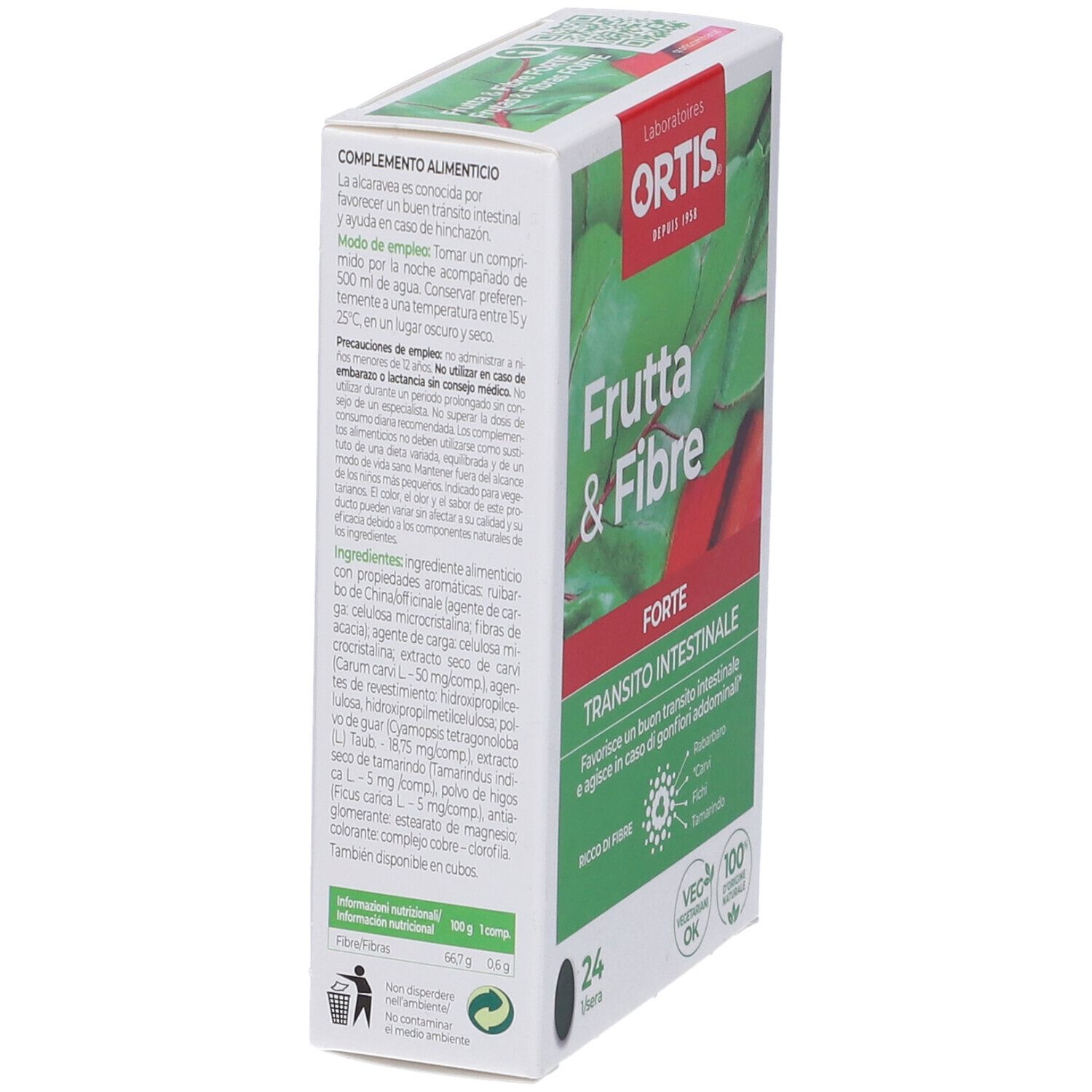 Scatola "Ortis Frutta & Fibre Forte Compresse" in primo piano. Retro con testo. Design verde e bianco. 24 compresse.