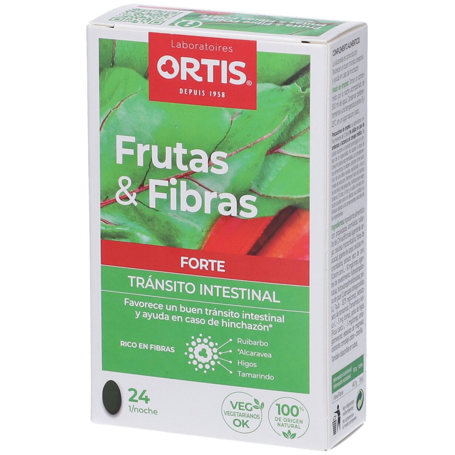 Scatola "Ortis Frutta & Fibre Forte Compresse" in primo piano. Vista laterale con testo. Design verde e bianco. 24 compresse.