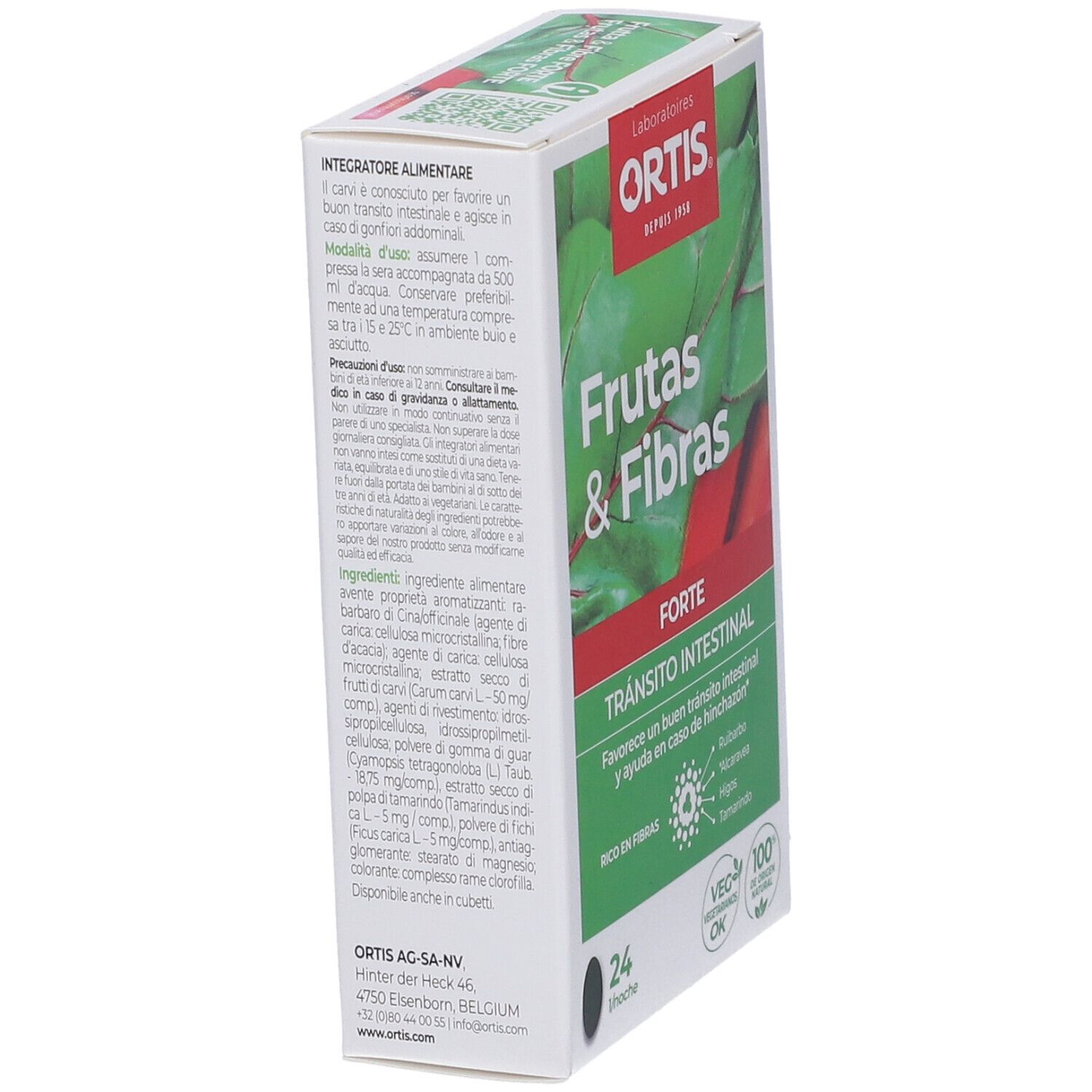 Scatola "Ortis Frutas & Fibras Forte" in primo piano. Design verde e bianco con nome e logo. 24 compresse.