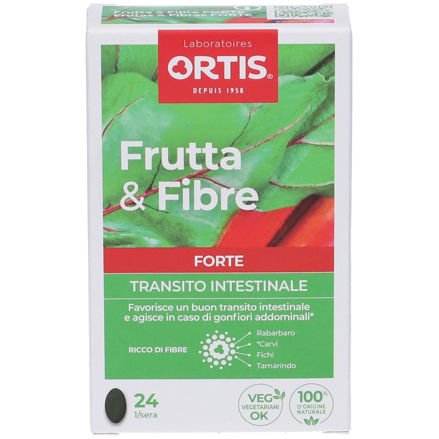 Scatola "Ortis Frutta & Fibre Forte Compresse" in primo piano. Vista laterale con testo. Design verde e bianco. 24 compresse.