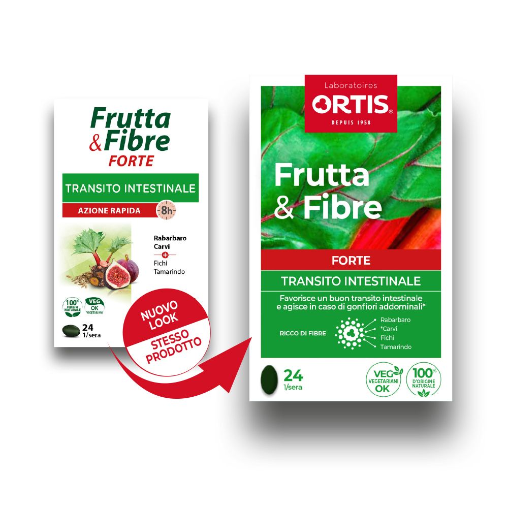 Confronto tra due scatole "Ortis Frutta & Fibre Forte Compresse". Sinistra: design precedente. Destra: design attuale.