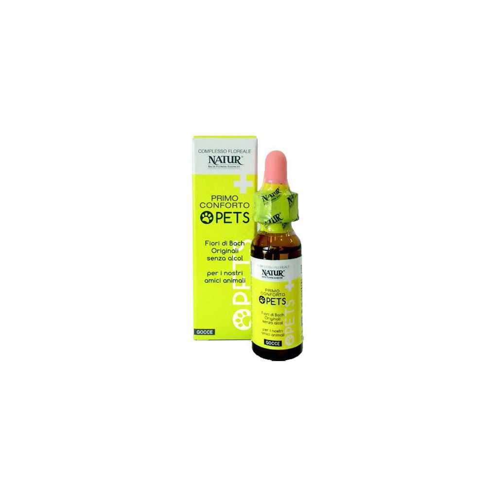 Confezione e flacone di gocce. Scritta: Primo Conforto Pets, senza alcool. Marchio Natur.