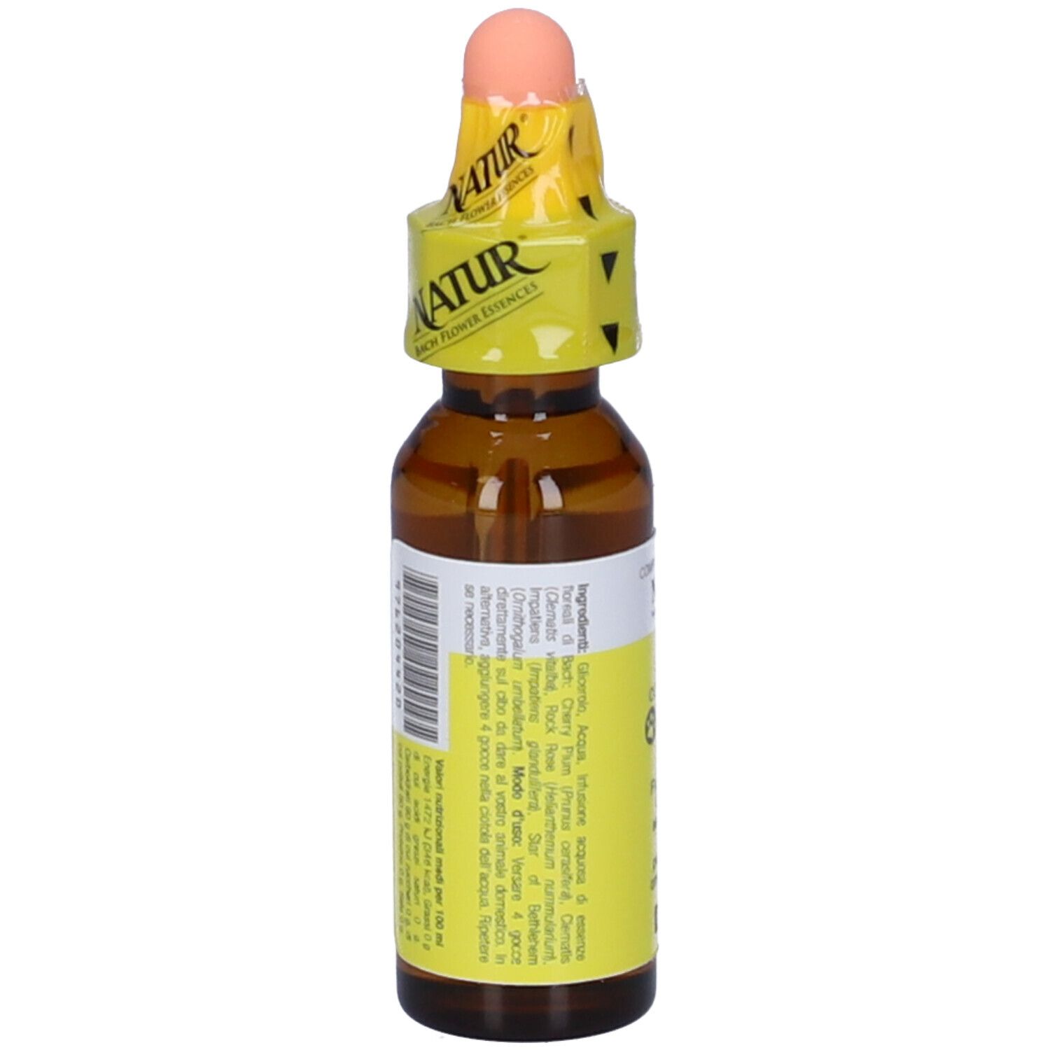 Flacone di vetro marrone con contagocce. Etichetta gialla con testo. Tappo rosa. Marchio Natur.