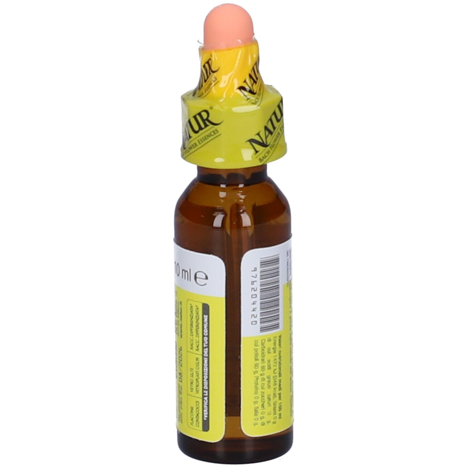 Flacone di vetro marrone con contagocce. Etichetta gialla con testo. Tappo rosa. Scritta: 10 ml.