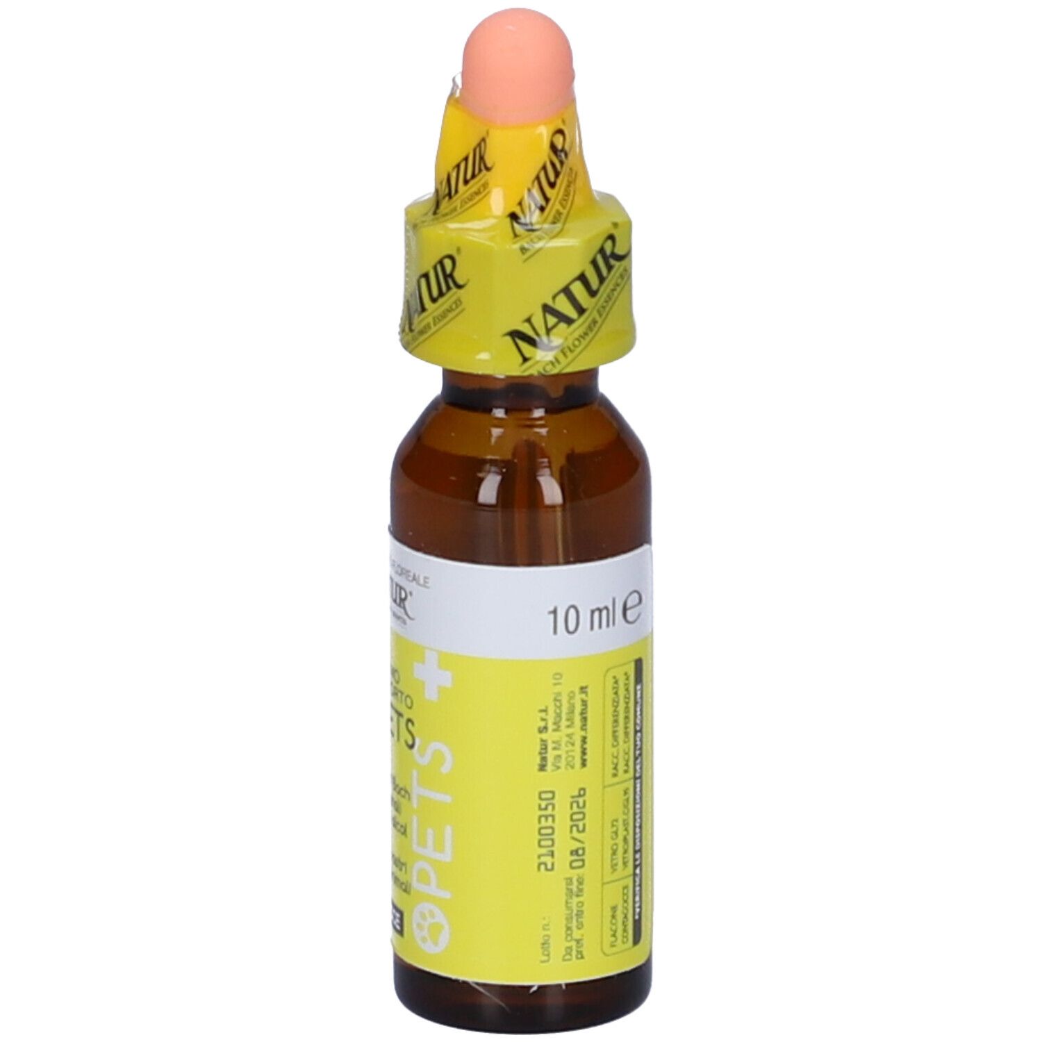 Flacone di vetro marrone con contagocce. Etichetta gialla con testo. Tappo rosa. Scritta: 10 ml.