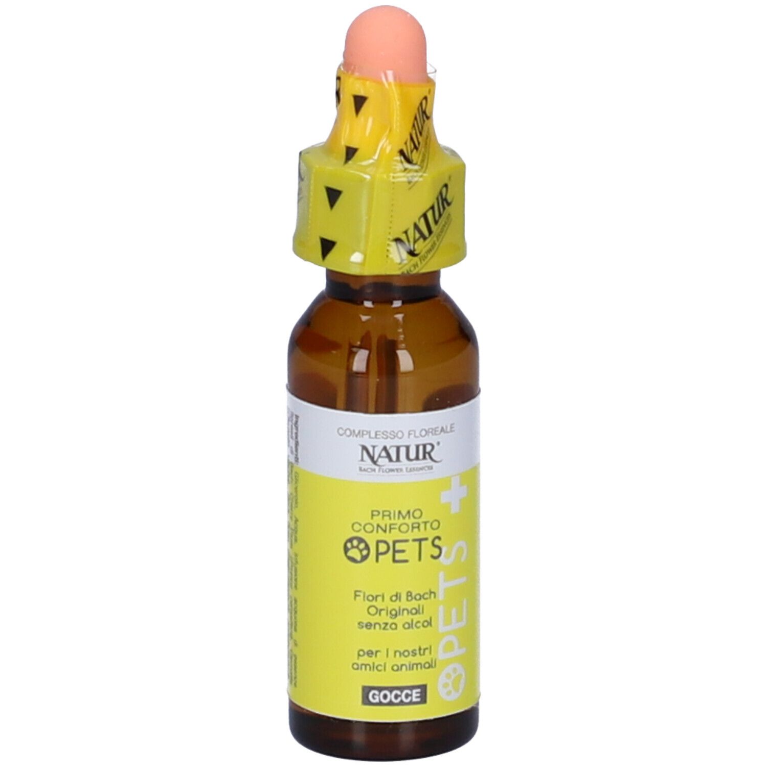 Flacone di vetro marrone con contagocce. Etichetta gialla con testo. Tappo rosa. Marchio Natur. Scritta: Primo Conforto Pets.