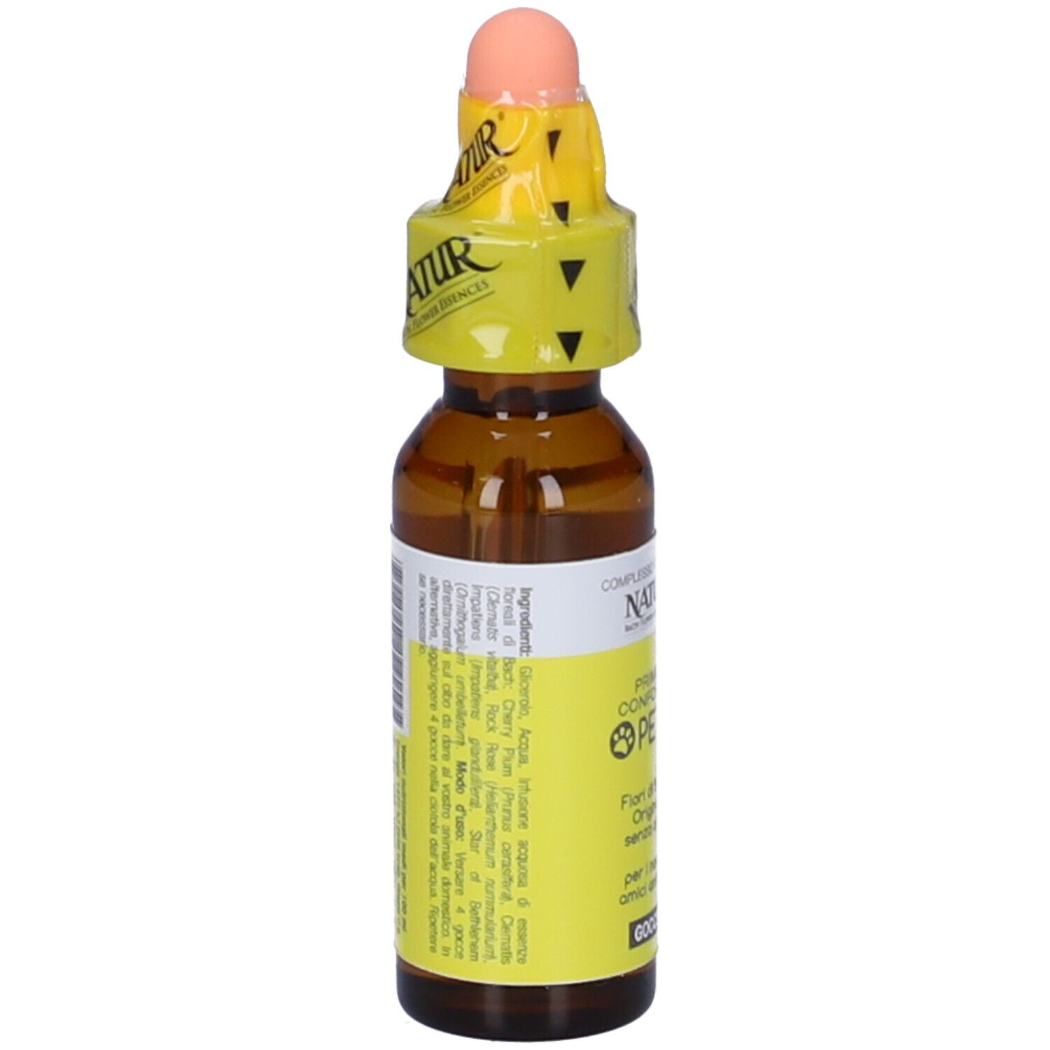 Flacone di vetro marrone con contagocce. Etichetta gialla con testo. Tappo rosa. Marchio Natur. Scritta: Primo Conforto Pets.