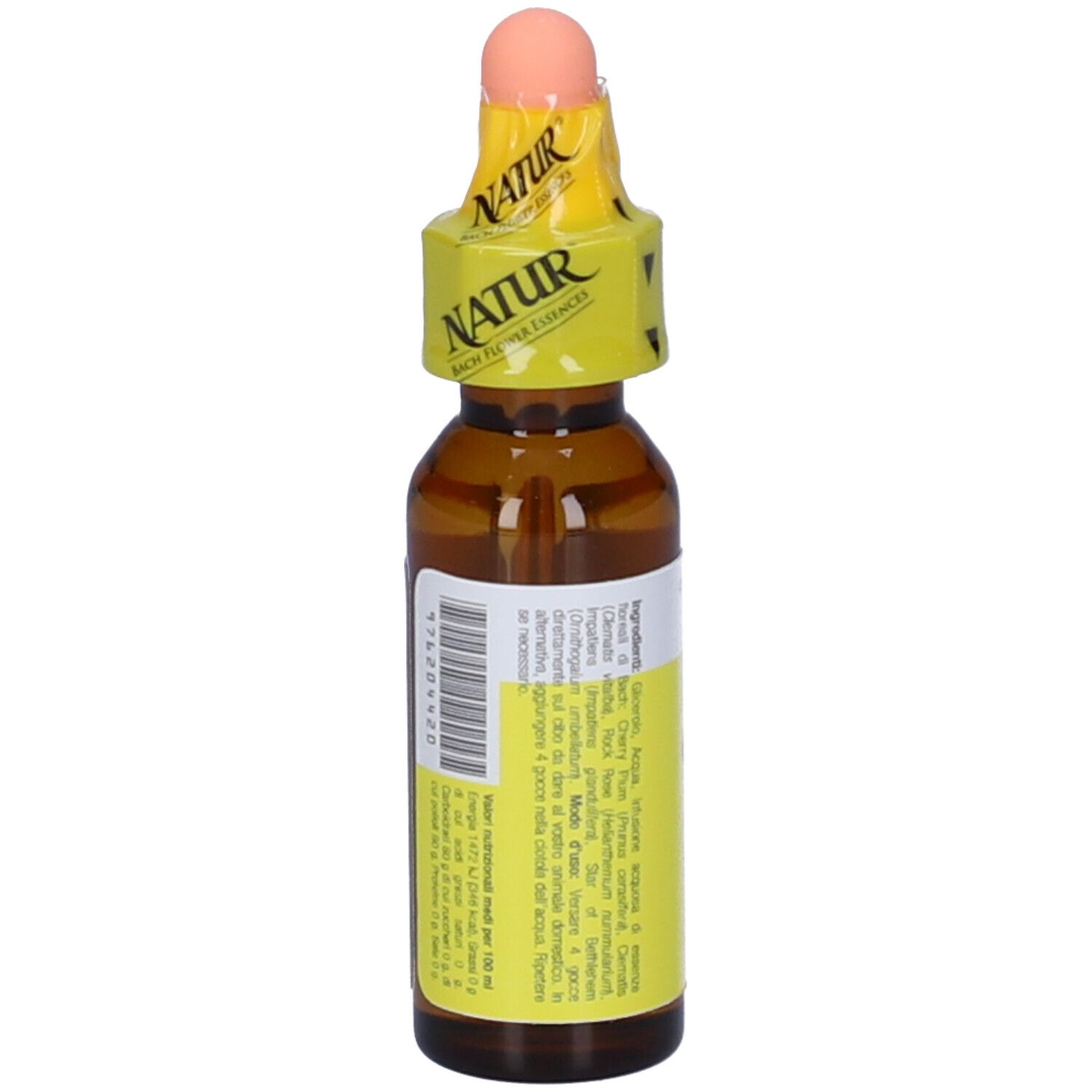 Flacone di vetro marrone con contagocce. Etichetta gialla con testo. Tappo rosa. Marchio Natur. Scritta: Primo Conforto Pets.