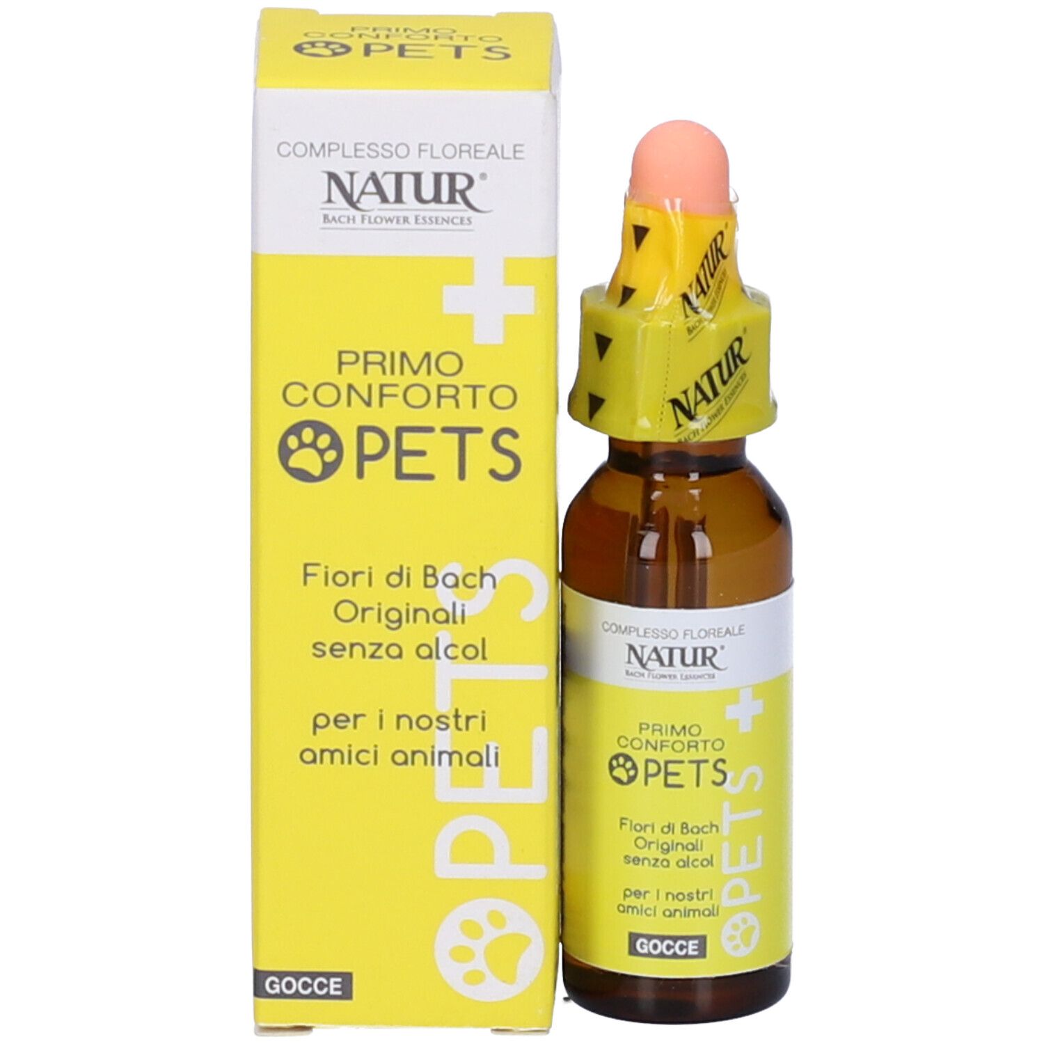 Confezione e flacone di gocce. Scritta: Primo Conforto Pets, senza alcool. Marchio Natur.