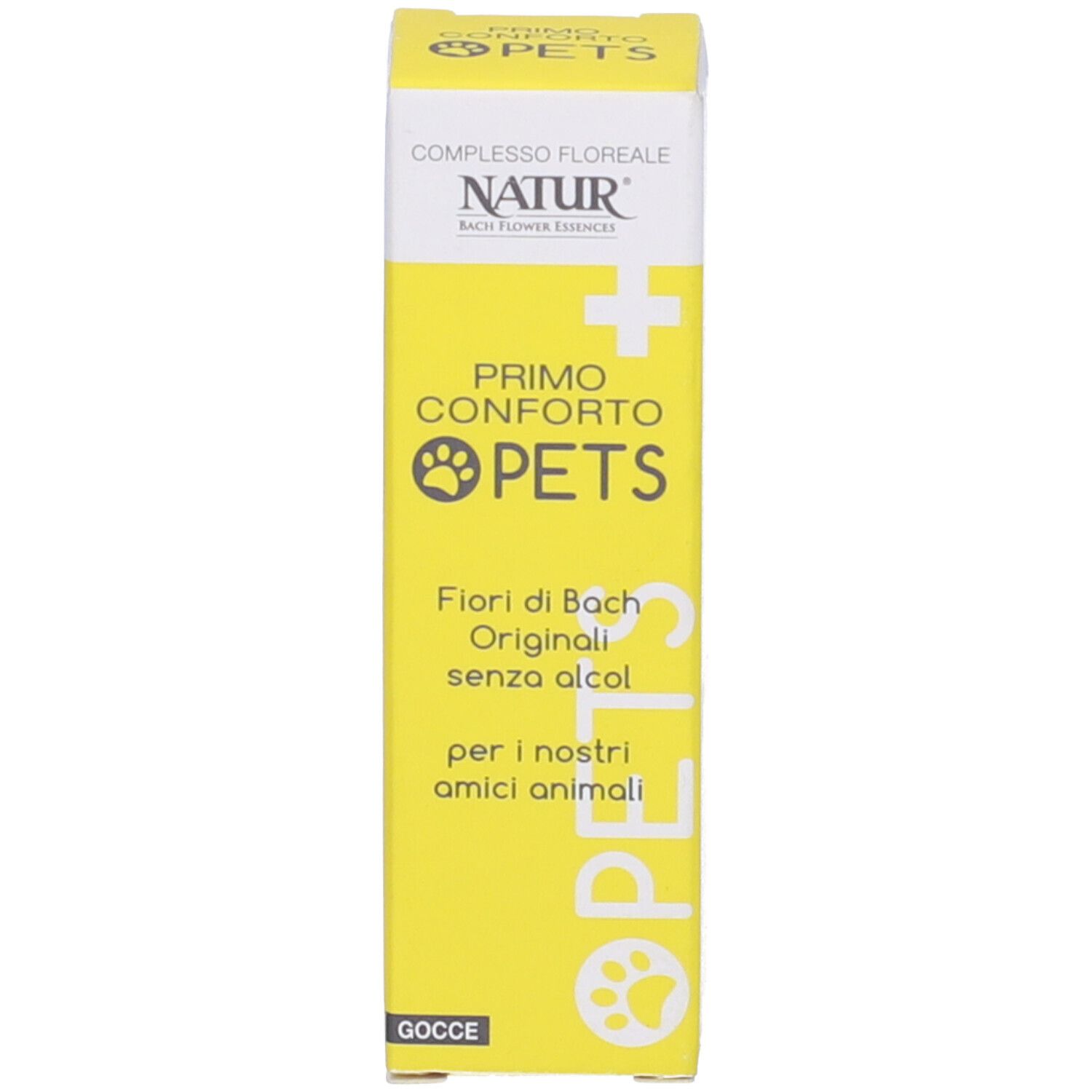 Confezione gialla. Scritta: Primo Conforto Pets, senza alcool. Marchio Natur.