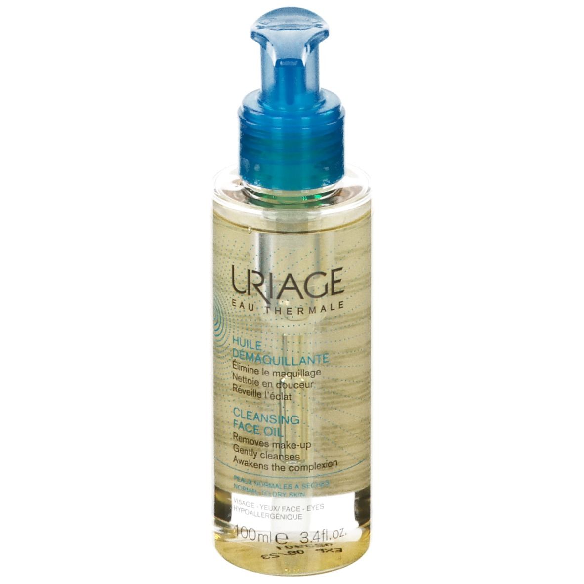 Flacone trasparente con erogatore blu. Etichetta con logo URIAGE e nome prodotto: Huile Demaquillante.