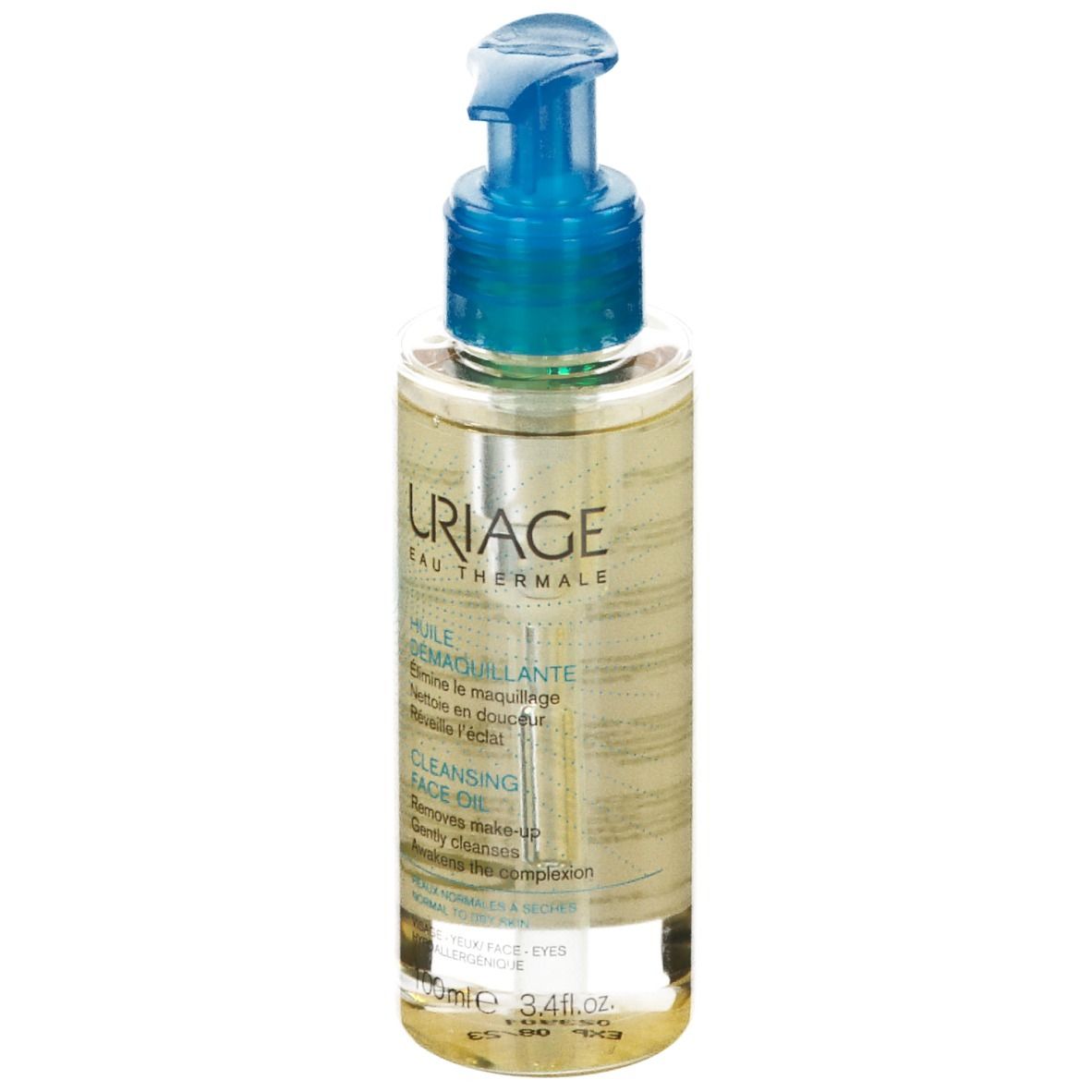 Flacone trasparente con erogatore blu. Etichetta con logo URIAGE e nome prodotto: Huile Demaquillante.