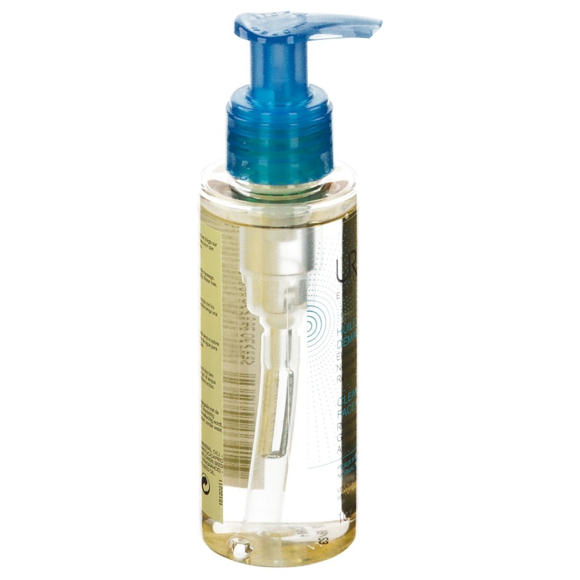 Flacone trasparente con erogatore blu. Etichetta prodotto con logo URIAGE e nome del prodotto.