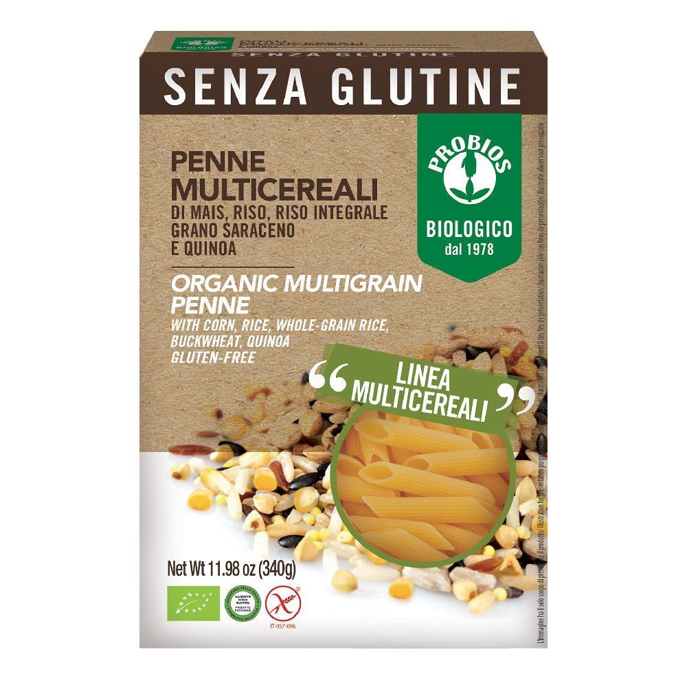 Confezione di Penne Multicereali senza glutine. Contiene mais, riso, grano saraceno e quinoa. Certificazione biologica.