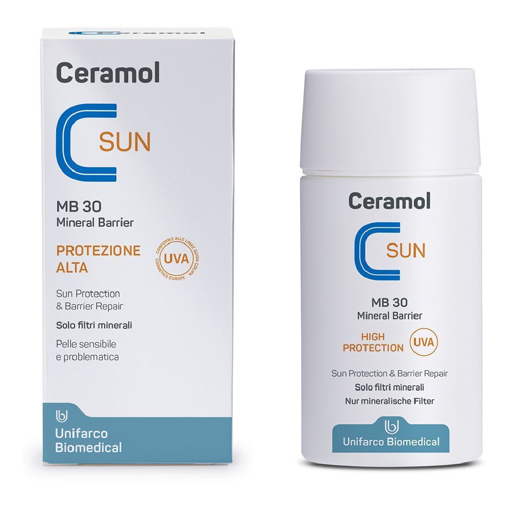 Prodotto bianco con testo blu e arancione. Ceramol Sun, MB 30, Mineral Barrier, sigillo UVA. Confezione e flacone.