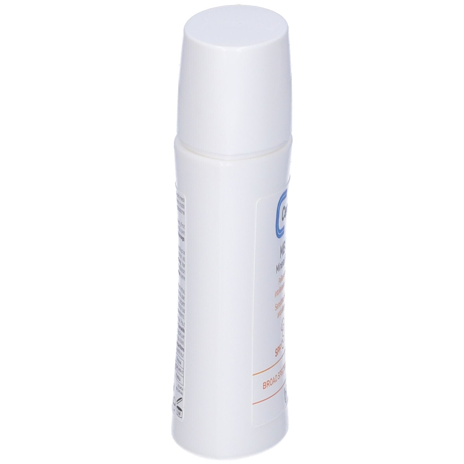 Flacone bianco, vista laterale. Testo: Ceramol Sun, MB 30, SPF 30. Per pelli sensibili. Con testo multilingue.
