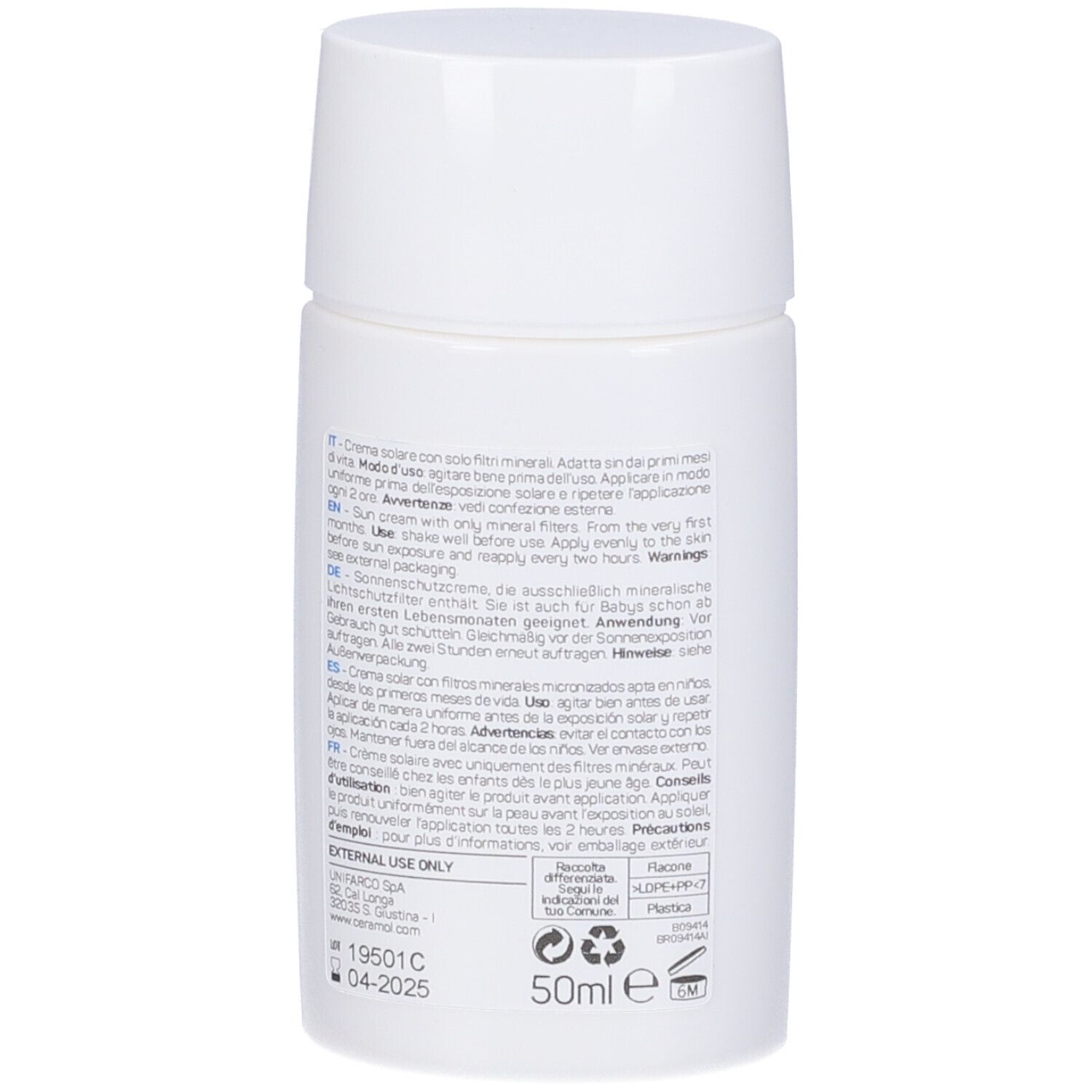Flacone bianco, vista posteriore. Testo: istruzioni per l'uso, ingredienti, 50ml. Testo multilingue. Unifarco Biomedical.