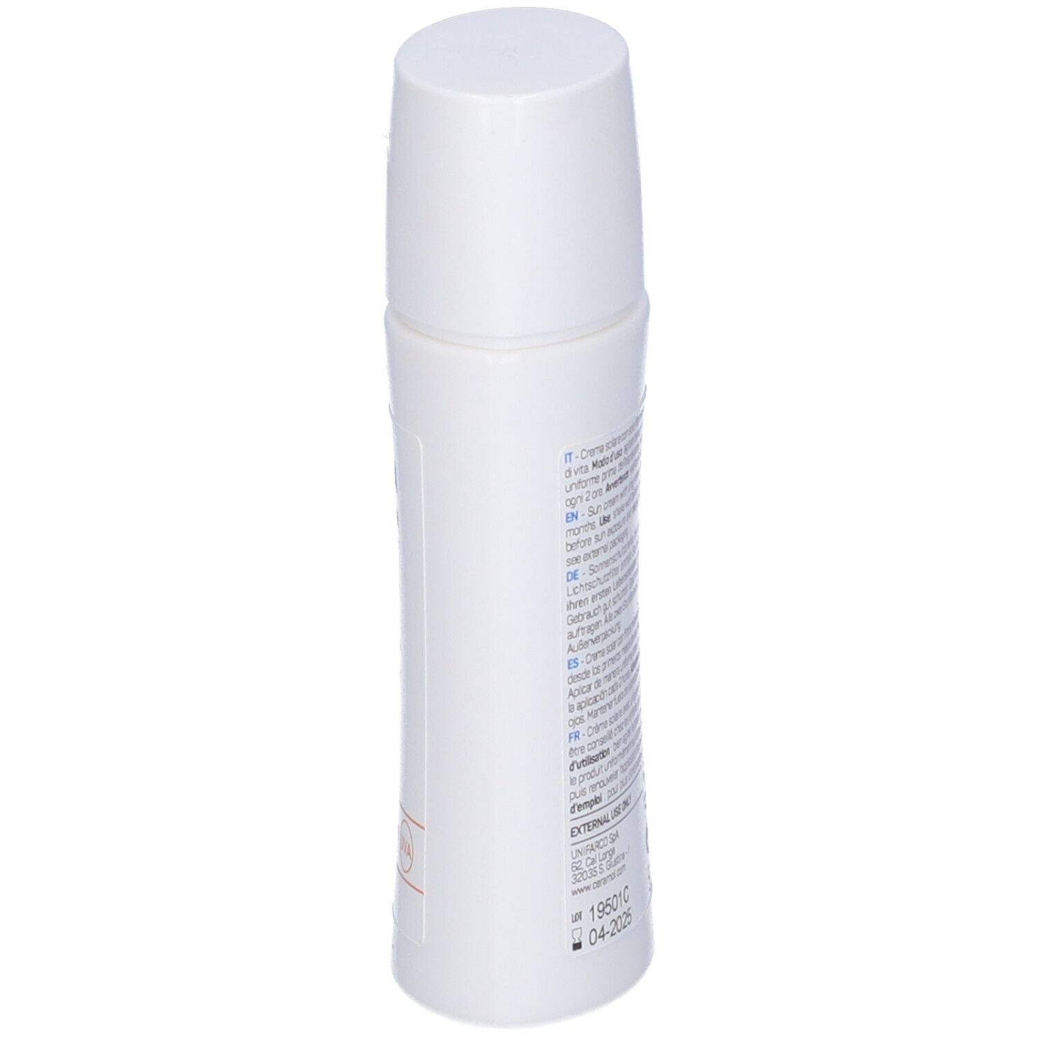 Flacone bianco, vista obliqua. Testo: istruzioni per l'uso, ingredienti. Testo multilingue. Unifarco Biomedical.