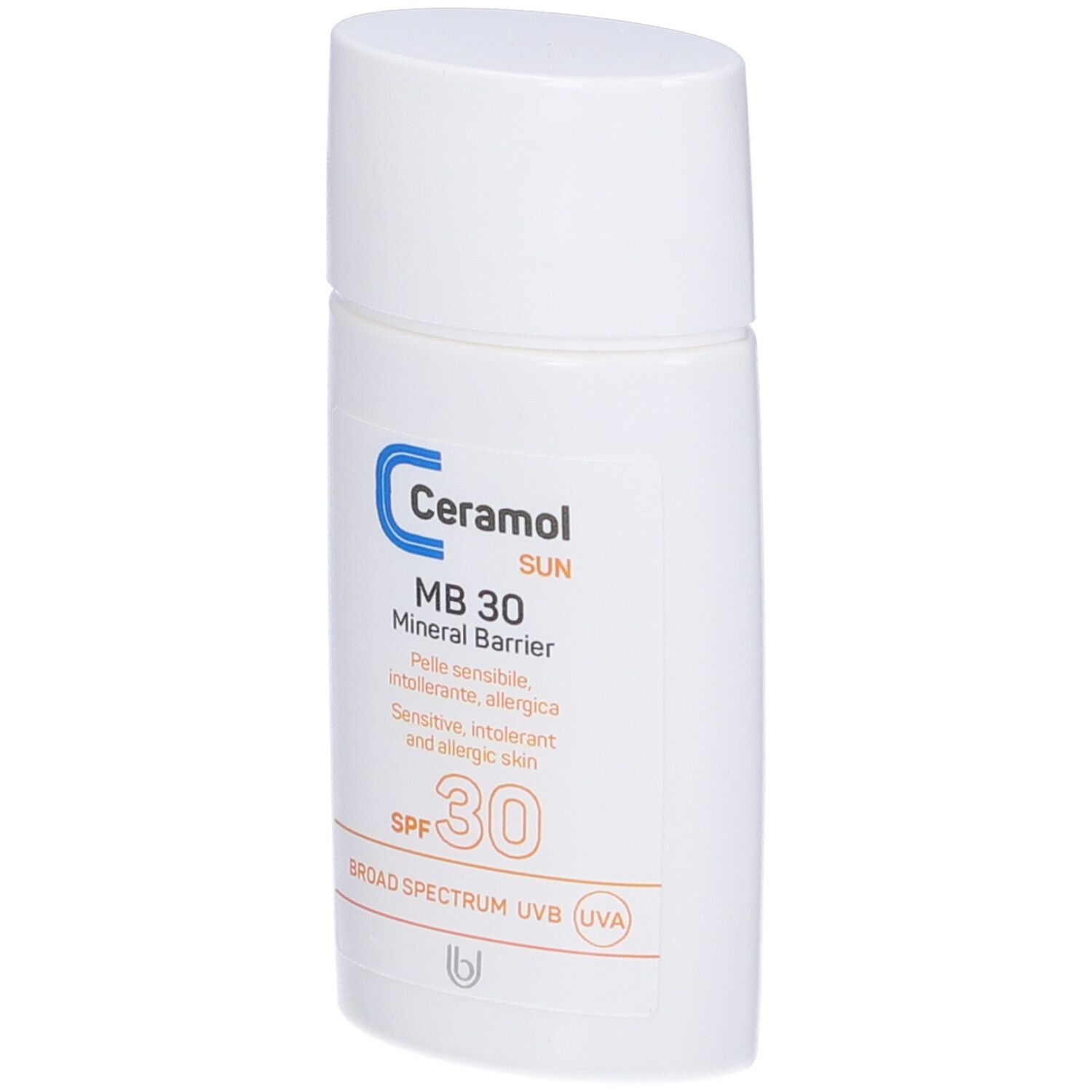Flacone bianco con testo blu e arancione. Ceramol Sun, MB 30, Mineral Barrier, SPF 30, sigillo UVA. Per pelli sensibili.