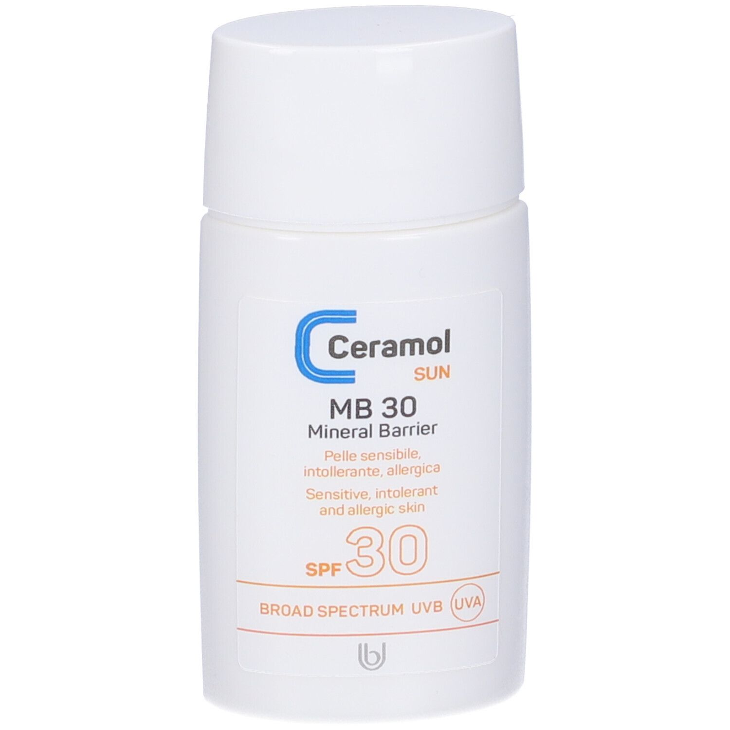 Flacone bianco con testo blu e arancione. Ceramol Sun, MB 30, Mineral Barrier, SPF 30, sigillo UVA. Per pelli sensibili.