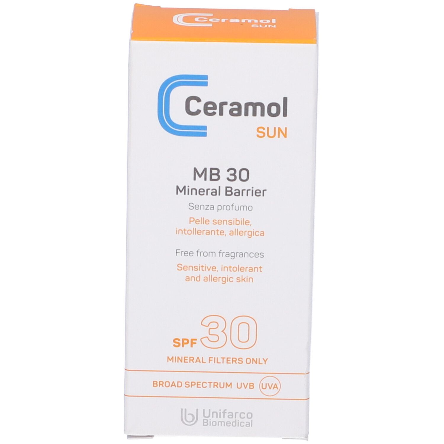 Scatola con testo blu e arancione. Ceramol Sun, MB 30, Mineral Barrier, SPF 30, sigillo UVA. Per pelli sensibili.