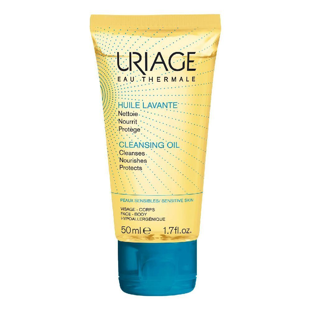 Tubo giallo con tappo blu. Scritta: URIAGE, Huile Lavante, Cleansing Oil. Per pelli sensibili.
