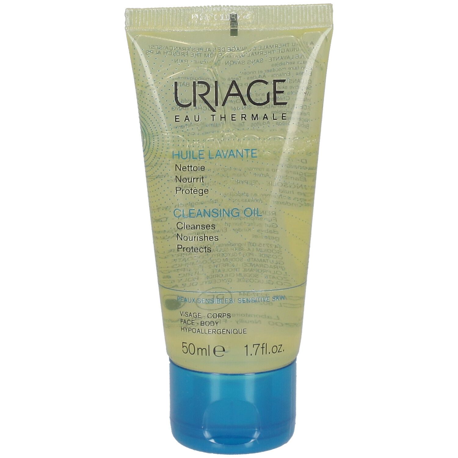 Tubo trasparente con tappo blu. Scritta: URIAGE, Huile Lavante, Cleansing Oil. Per pelli sensibili.