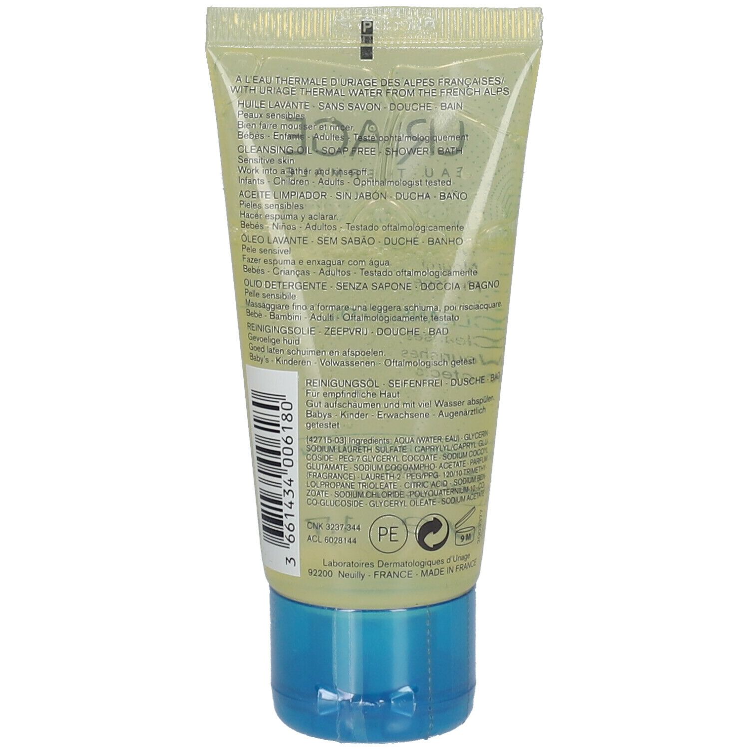Retro del tubo. Testo multilingue. Scritta: URIAGE. Informazioni sugli ingredienti e sul produttore.