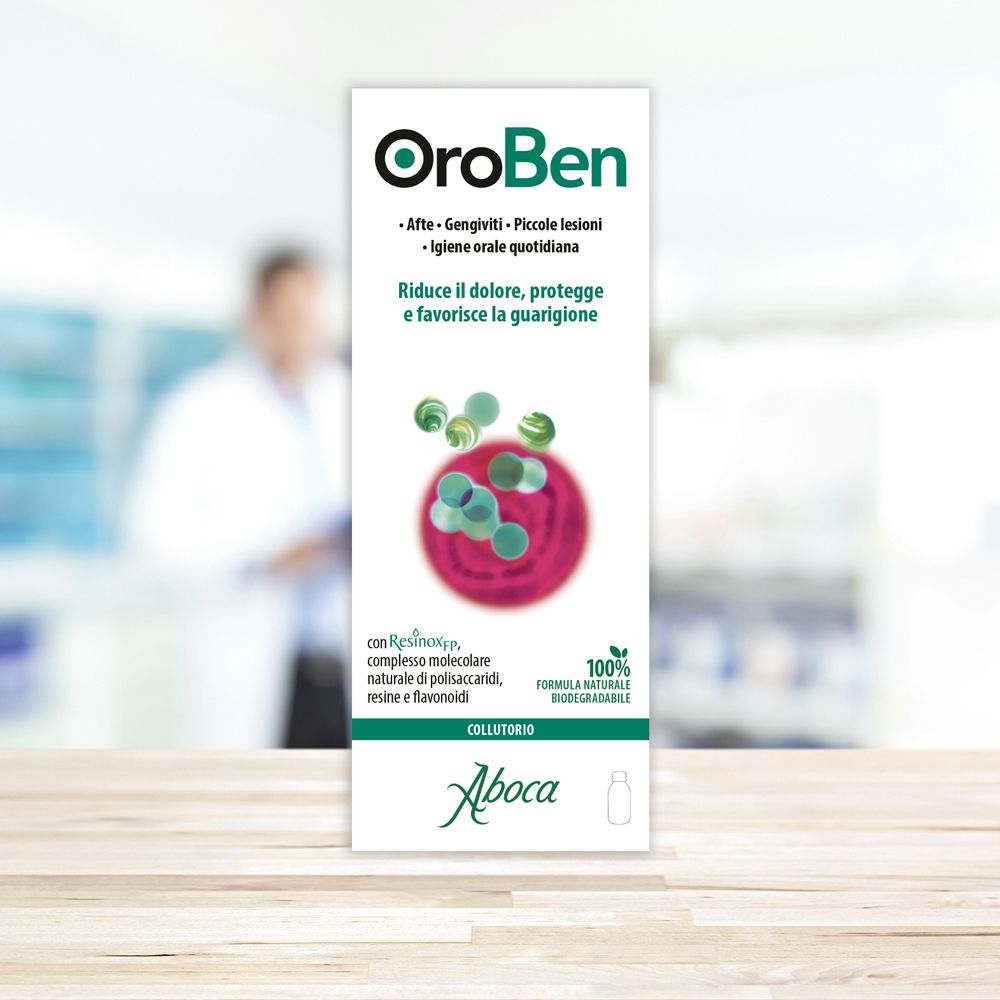 OroBen Collutorio-Verpackung. Weißer Karton mit Produktnamen und Logos. Hintergrund unscharf.
