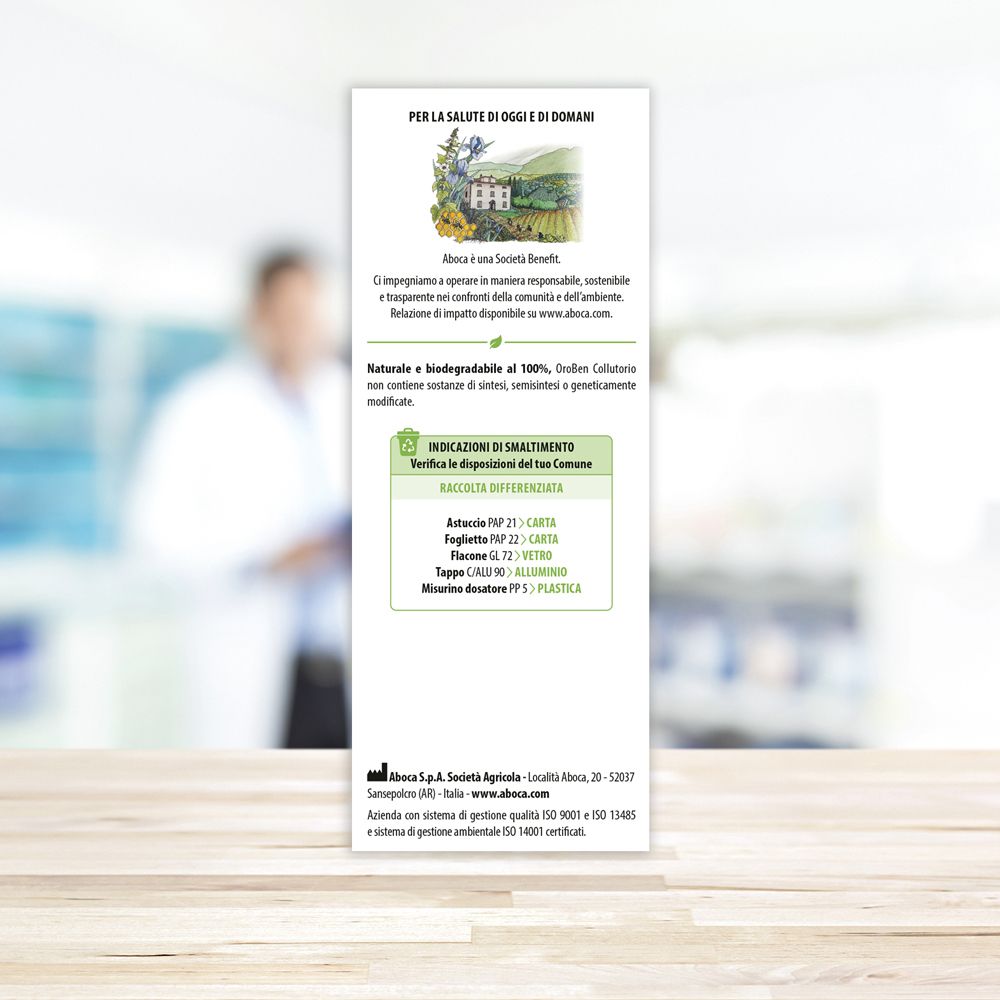 Rückseite der OroBen Collutorio-Verpackung. Enthält Informationen, Anweisungen und Logos. Hintergrund unscharf.