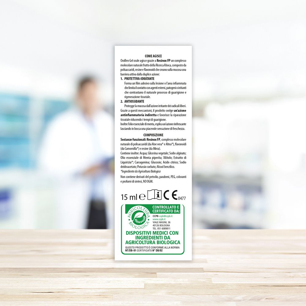 Rückseite der OroBen-Verpackung. Text: 15 ml, CE-Kennzeichnung, Zertifizierung. Abbildung: Zutatenliste und Gebrauchsanweisung.