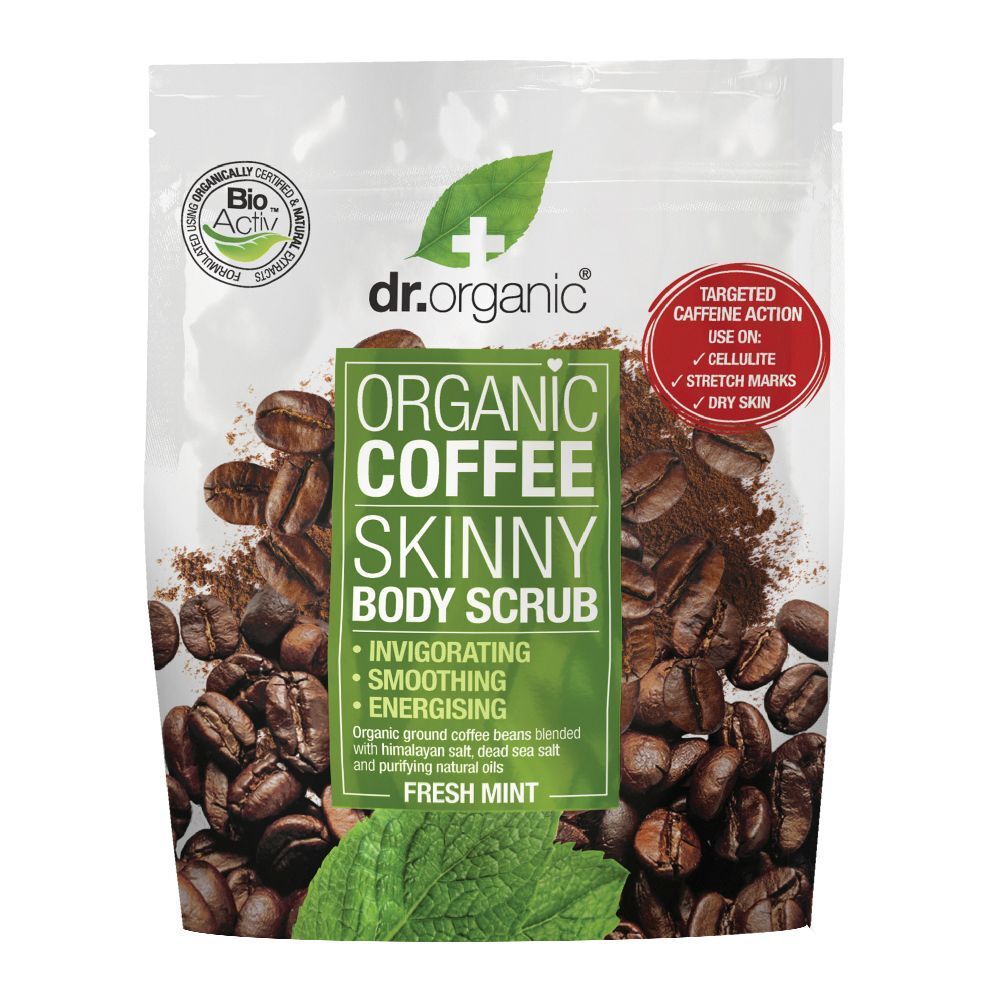 Busta di Dr. Organic Coffee Skinny Body Scrub. Scritta: Organic Coffee Skinny Body Scrub, Fresh Mint. Certificazione Bio-Activ.
