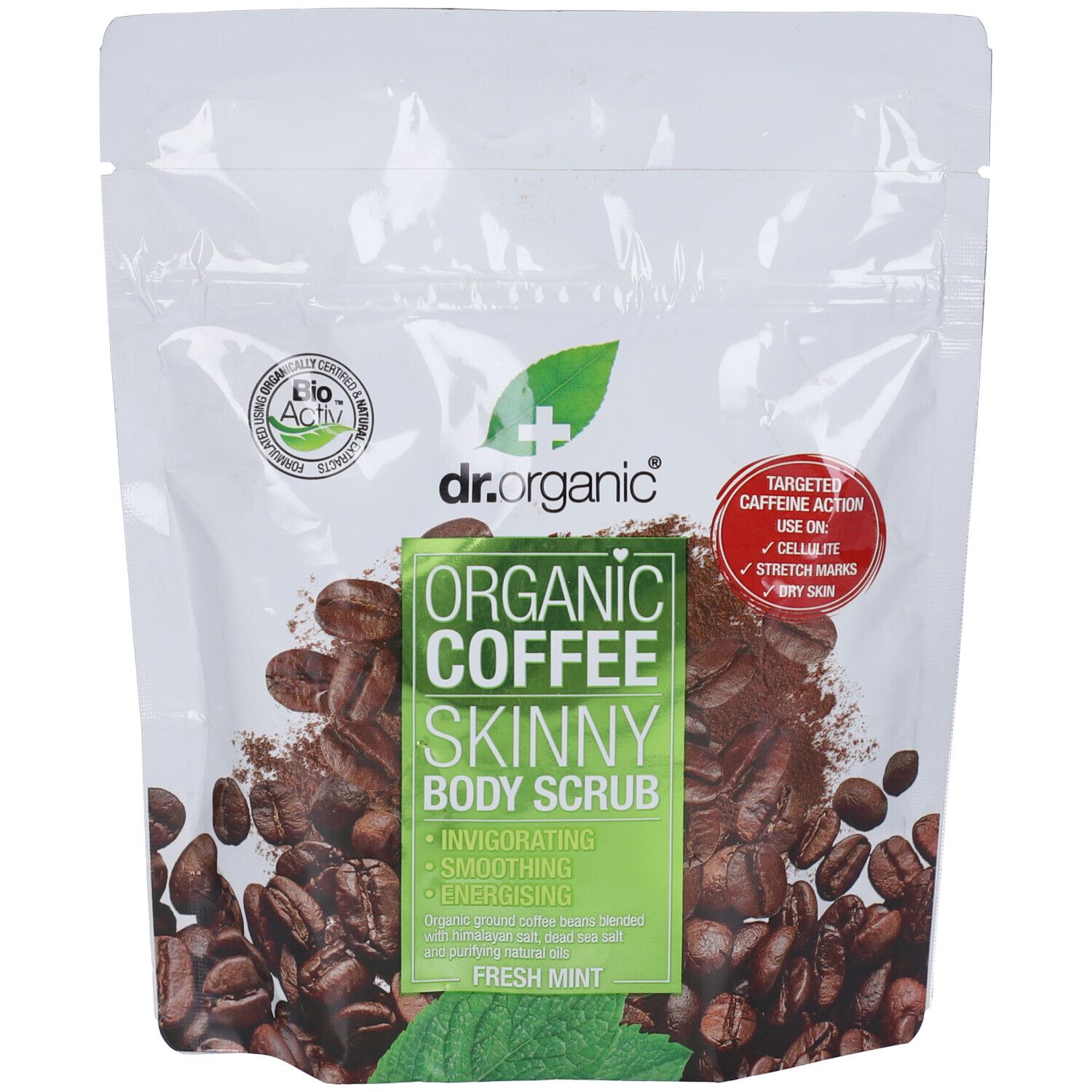 Primo piano di Dr. Organic Coffee Skinny Body Scrub. Scritta: Organic Coffee Skinny Body Scrub, Fresh Mint. Certificazione Bio-Activ.
