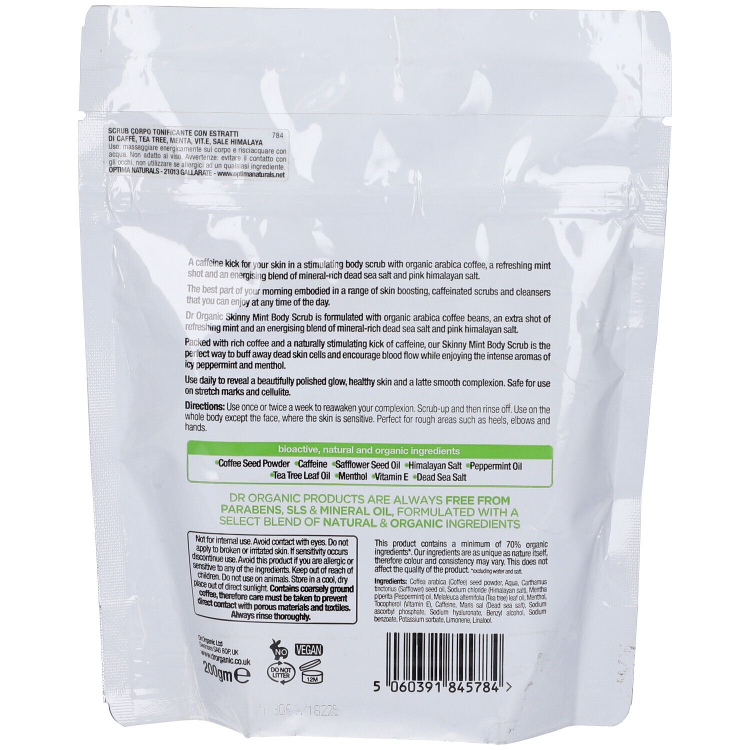 Retro di Dr. Organic Coffee Skinny Body Scrub. Testo: ingredienti, istruzioni per l'uso, certificazioni. Logo vegano.